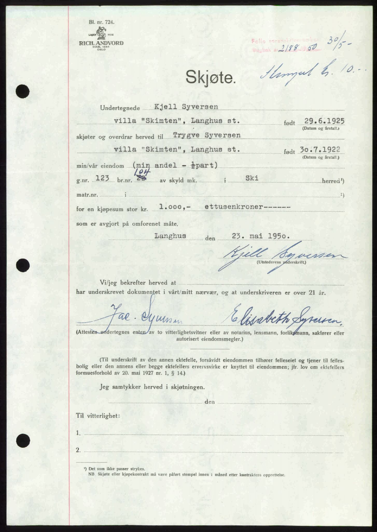 Follo sorenskriveri, SAO/A-10274/G/Ga/Gaa/L0092: Pantebok nr. I 92, 1950-1950, Dagboknr: 2188/1950