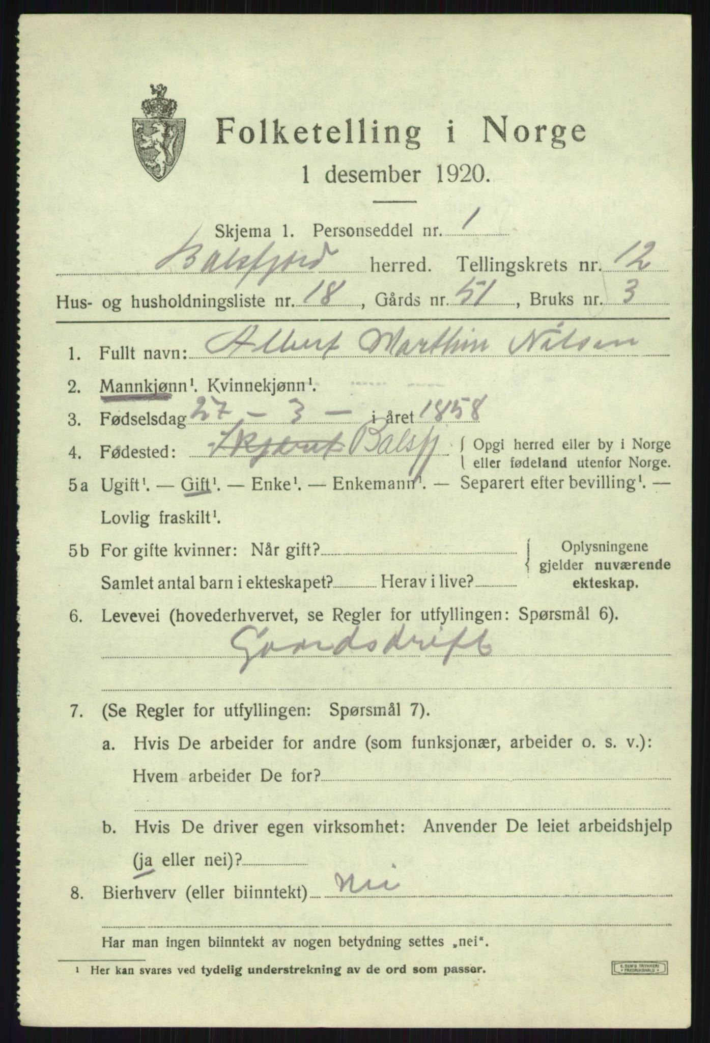 SATØ, Folketelling 1920 for 1933 Balsfjord herred, 1920, s. 7463