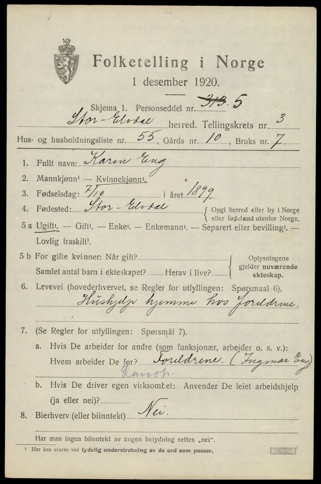 SAH, Folketelling 1920 for 0430 Stor-Elvdal herred, 1920, s. 3408
