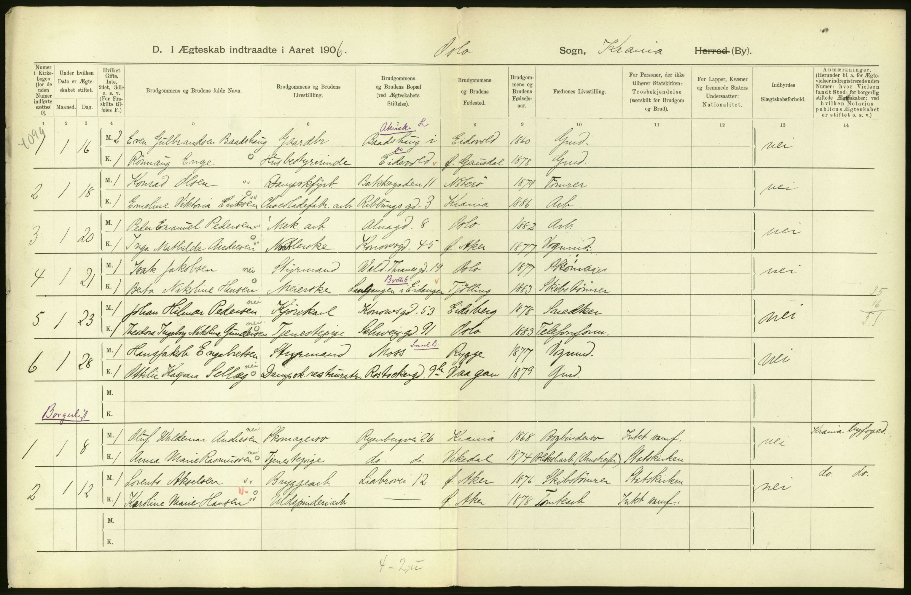 Statistisk sentralbyrå, Sosiodemografiske emner, Befolkning, AV/RA-S-2228/D/Df/Dfa/Dfad/L0008: Kristiania: Gifte, 1906, s. 2