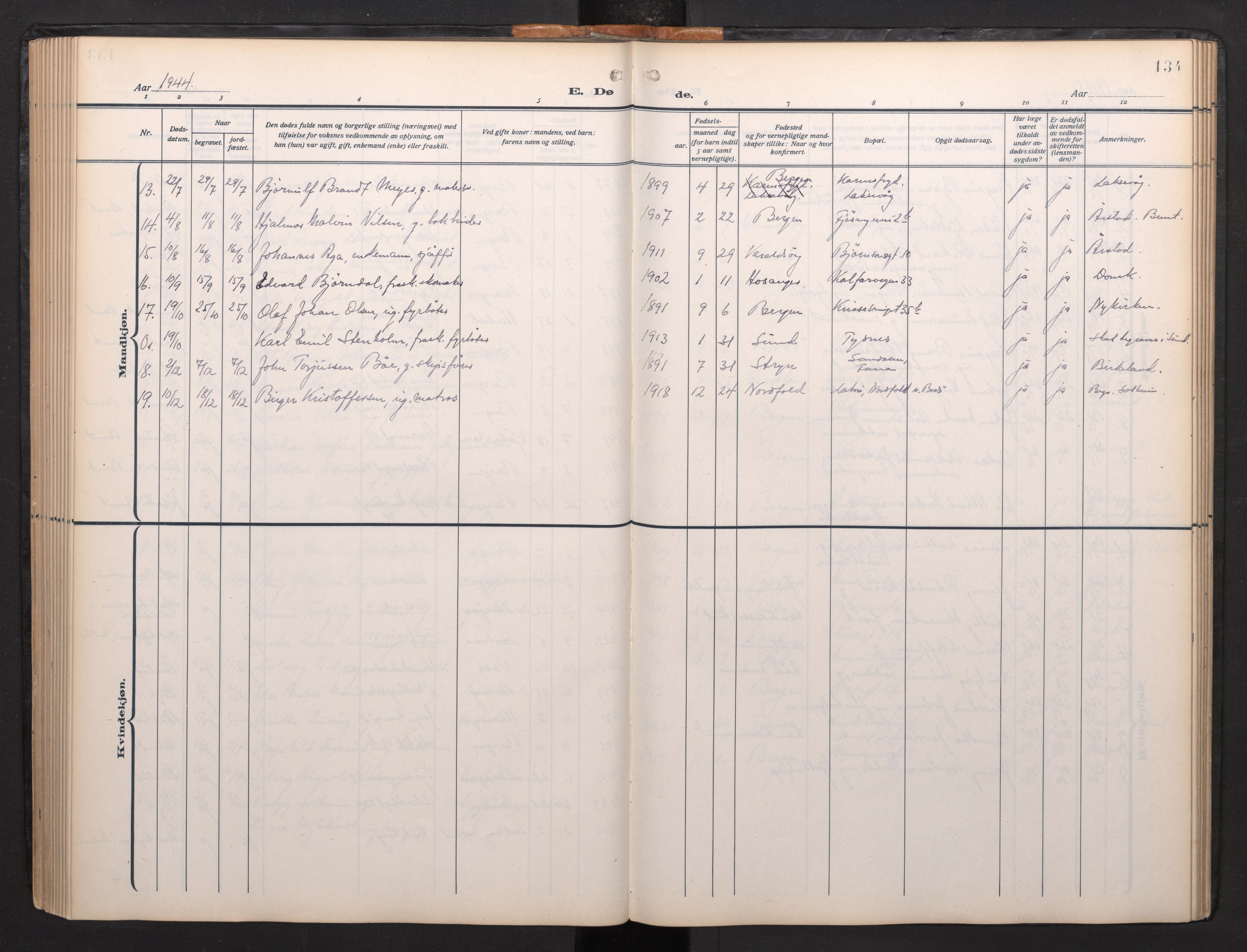 Arkivreferanse mangler*, SAB/-: Ministerialbok nr. A 1, 1912-1957, s. 133b-134a