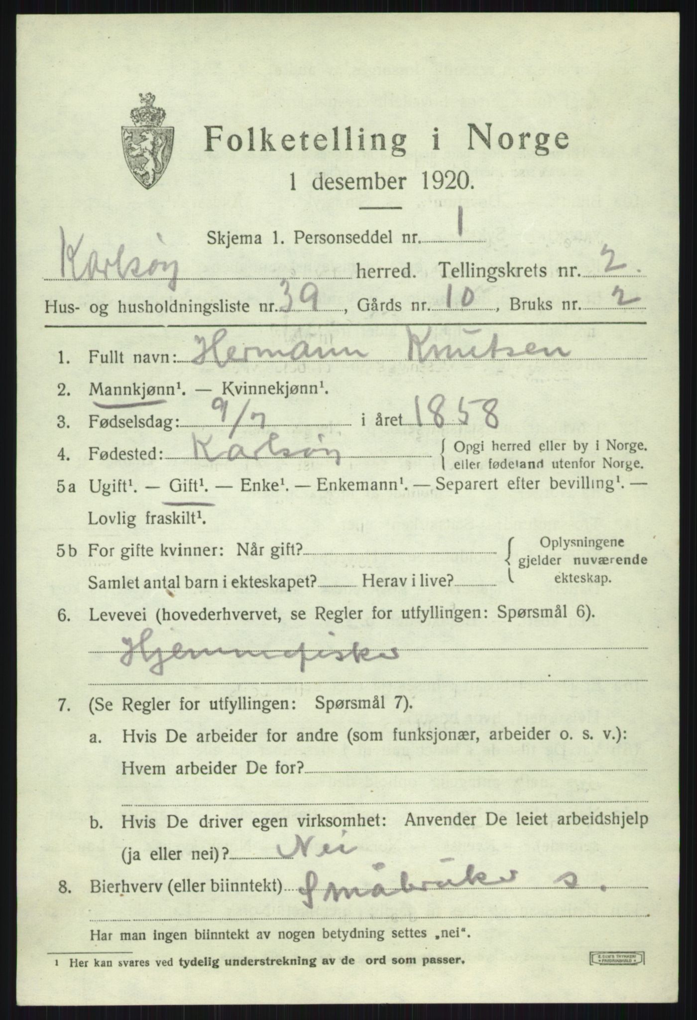 SATØ, Folketelling 1920 for 1936 Karlsøy herred, 1920, s. 1707