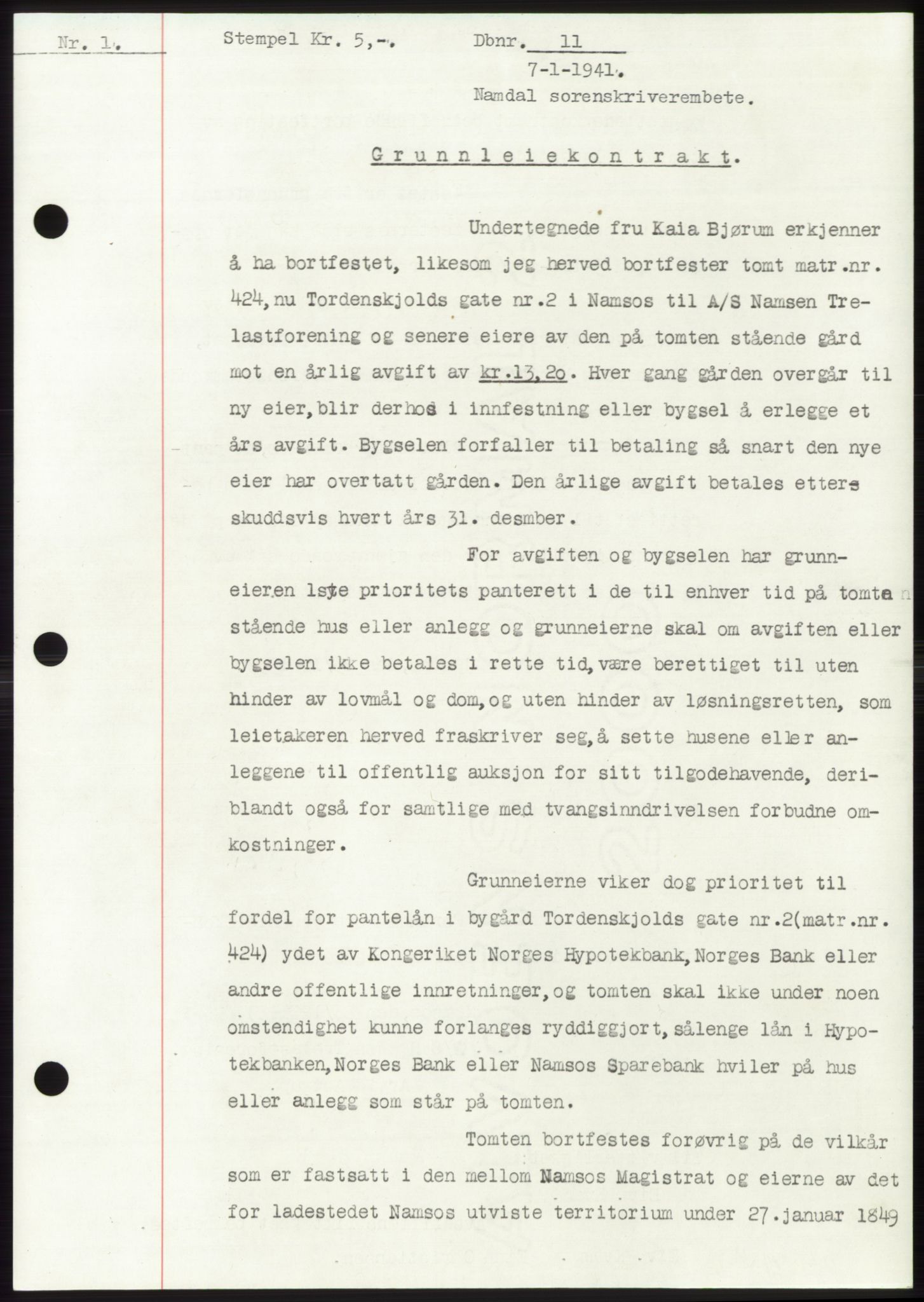 Namdal sorenskriveri, SAT/A-4133/1/2/2C: Pantebok nr. -, 1940-1941, Tingl.dato: 07.01.1941