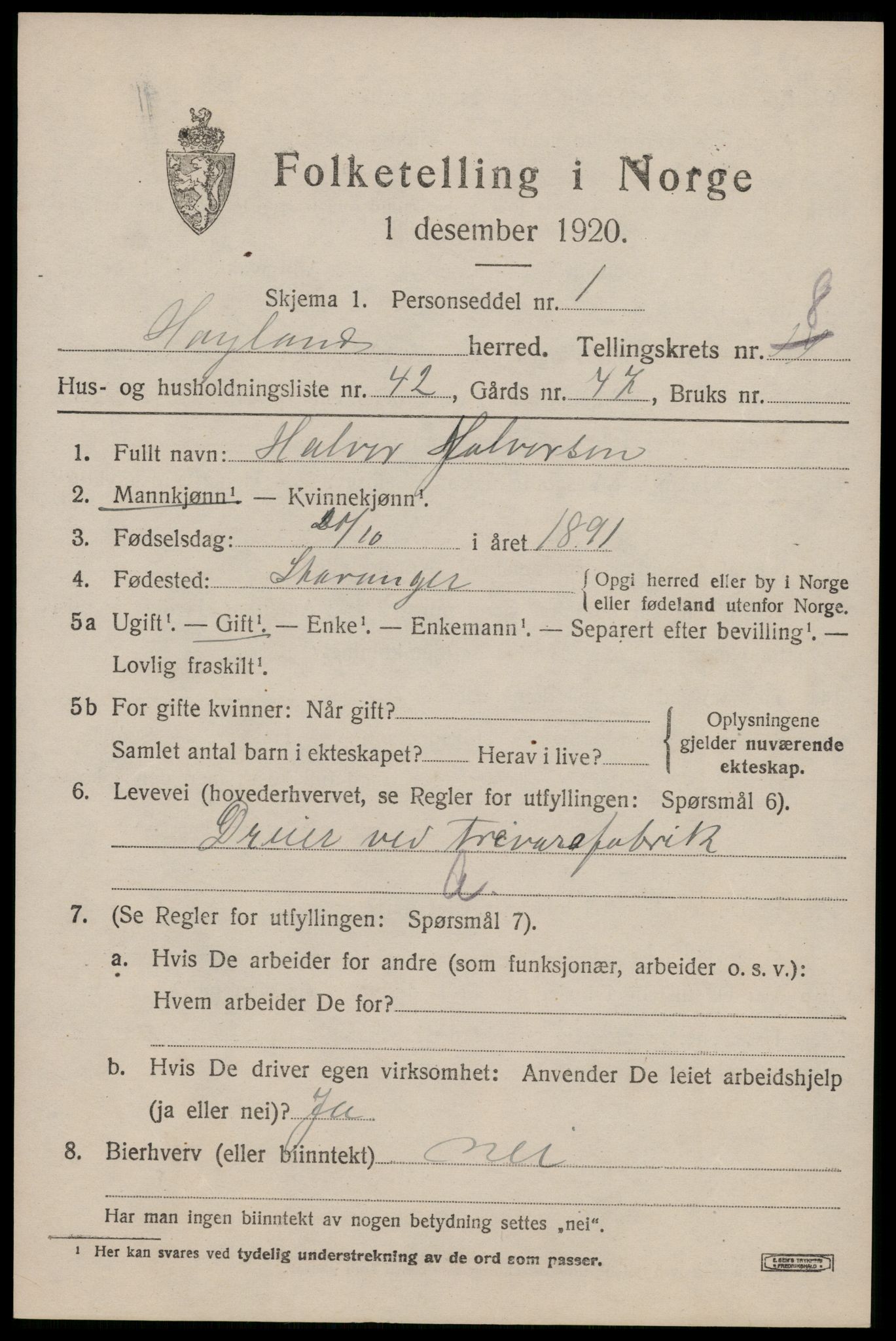 SAST, Folketelling 1920 for 1123 Høyland herred, 1920, s. 5718