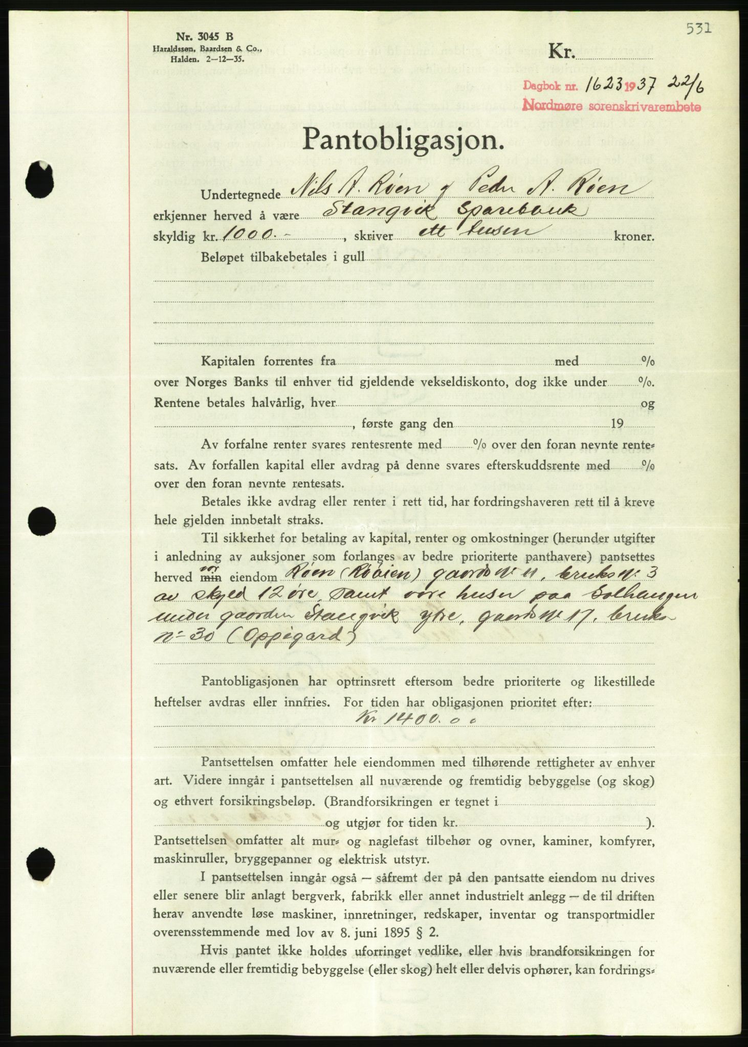 Nordmøre sorenskriveri, AV/SAT-A-4132/1/2/2Ca/L0091: Pantebok nr. B81, 1937-1937, Dagboknr: 1623/1937