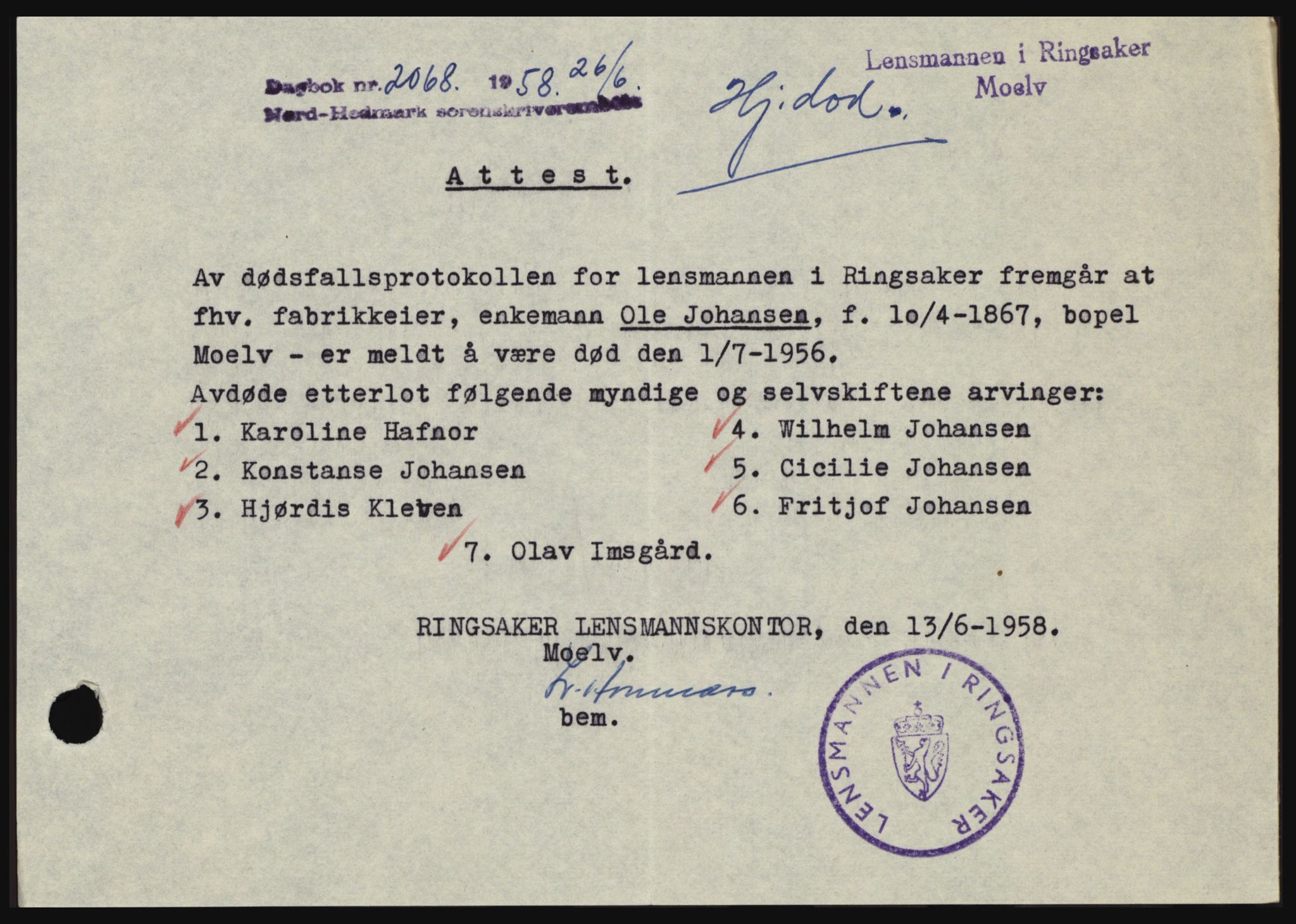Nord-Hedmark sorenskriveri, SAH/TING-012/H/Hc/L0012: Pantebok nr. 12, 1957-1958, Dagboknr: 2068/1958