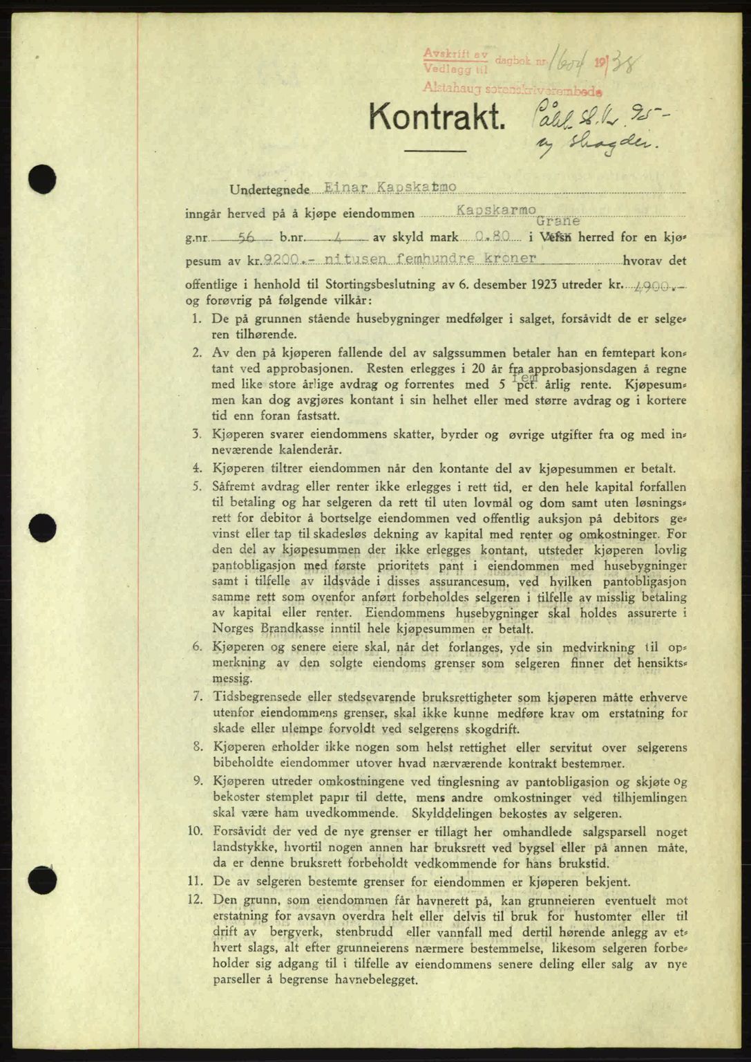 Alstahaug sorenskriveri, SAT/A-1009: Pantebok nr. A3, 1937-1938, Dagboknr: 1604/1938
