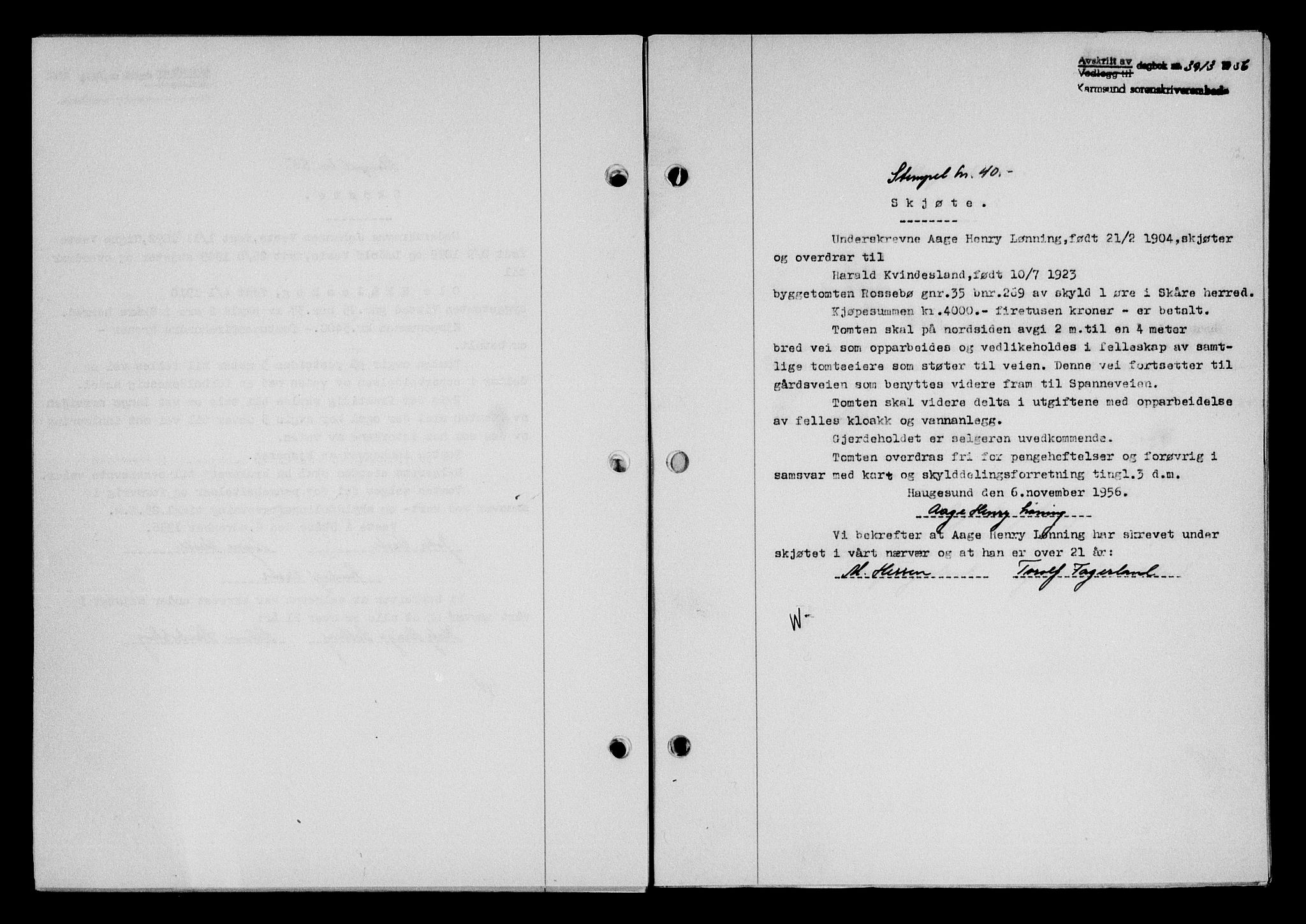 Karmsund sorenskriveri, SAST/A-100311/01/II/IIB/L0122: Pantebok nr. 102A, 1956-1956, Dagboknr: 3913/1956
