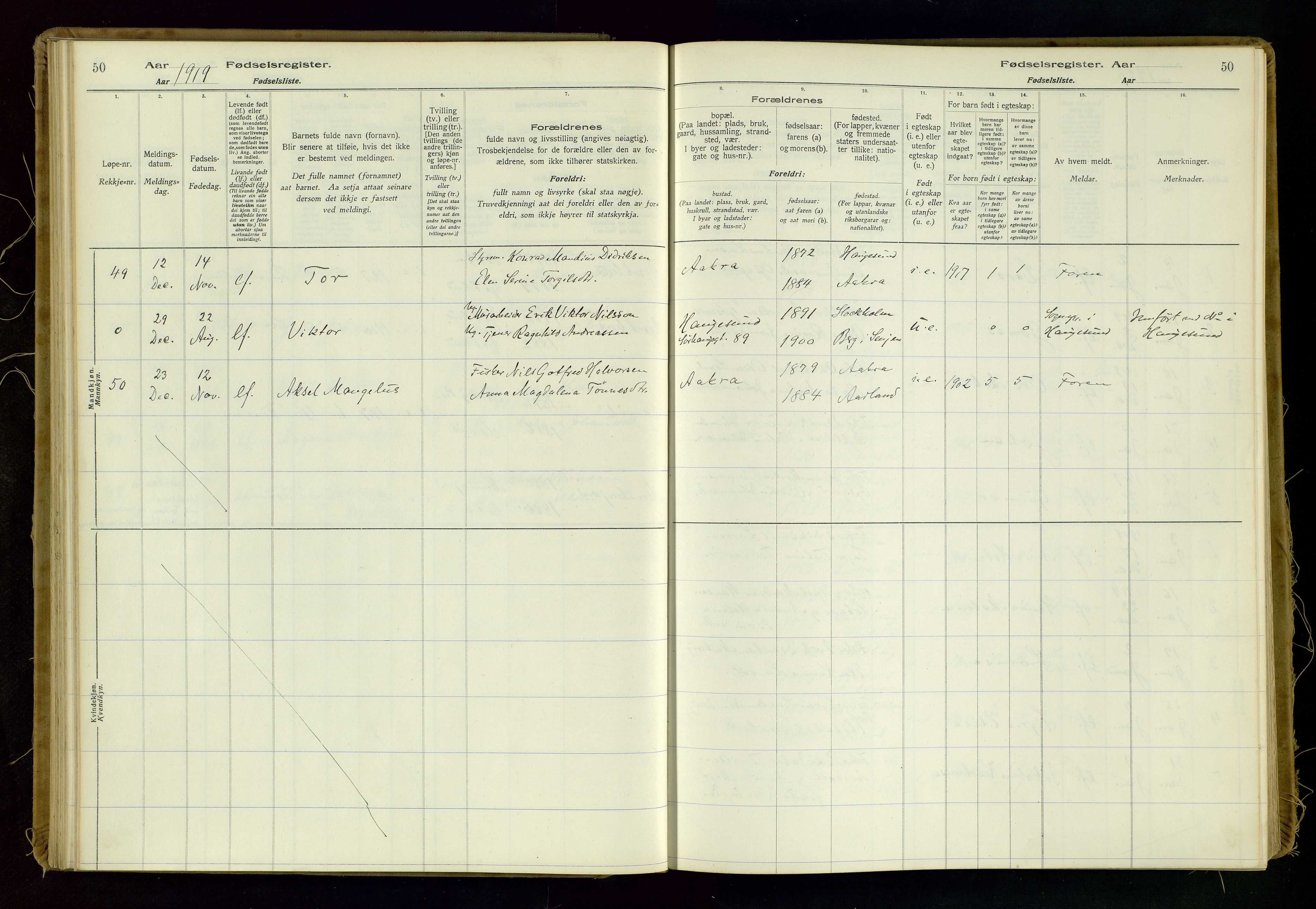 Kopervik sokneprestkontor, AV/SAST-A-101850/I/Id/L0006: Fødselsregister nr. 6, 1916-1934, s. 50