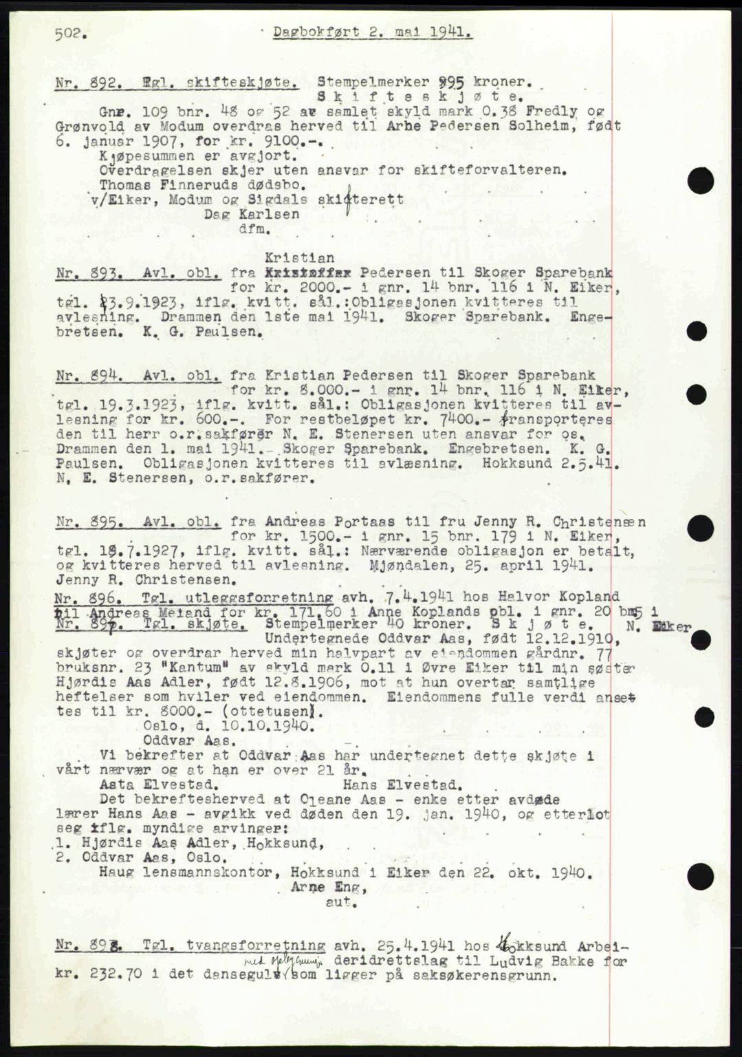 Eiker, Modum og Sigdal sorenskriveri, SAKO/A-123/G/Ga/Gab/L0043: Pantebok nr. A13, 1940-1941, Dagboknr: 892/1941