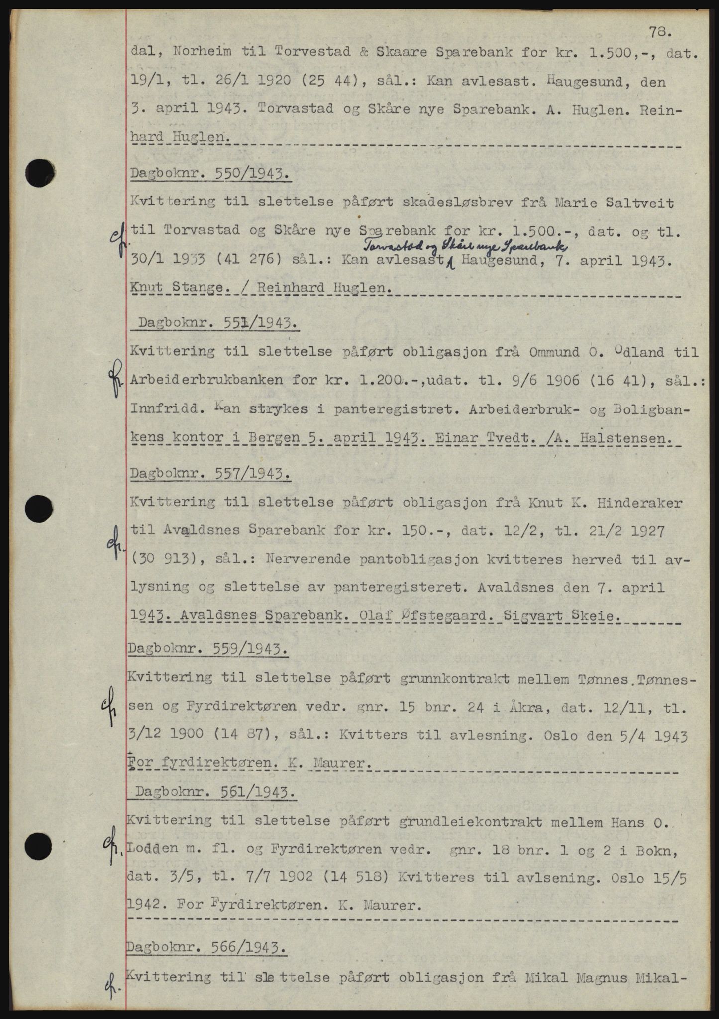 Karmsund sorenskriveri, SAST/A-100311/01/II/IIBBE/L0008: Pantebok nr. B 54, 1942-1943, Dagboknr: 550/1943