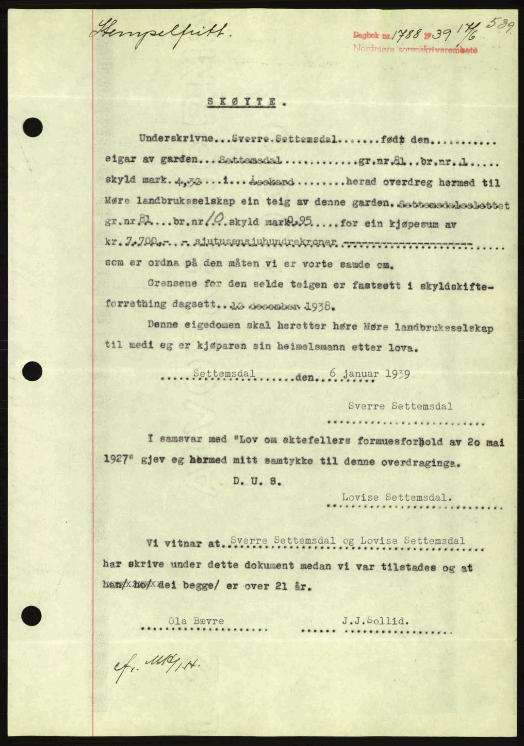 Nordmøre sorenskriveri, SAT/A-4132/1/2/2Ca: Pantebok nr. A86, 1939-1939, Dagboknr: 1788/1939