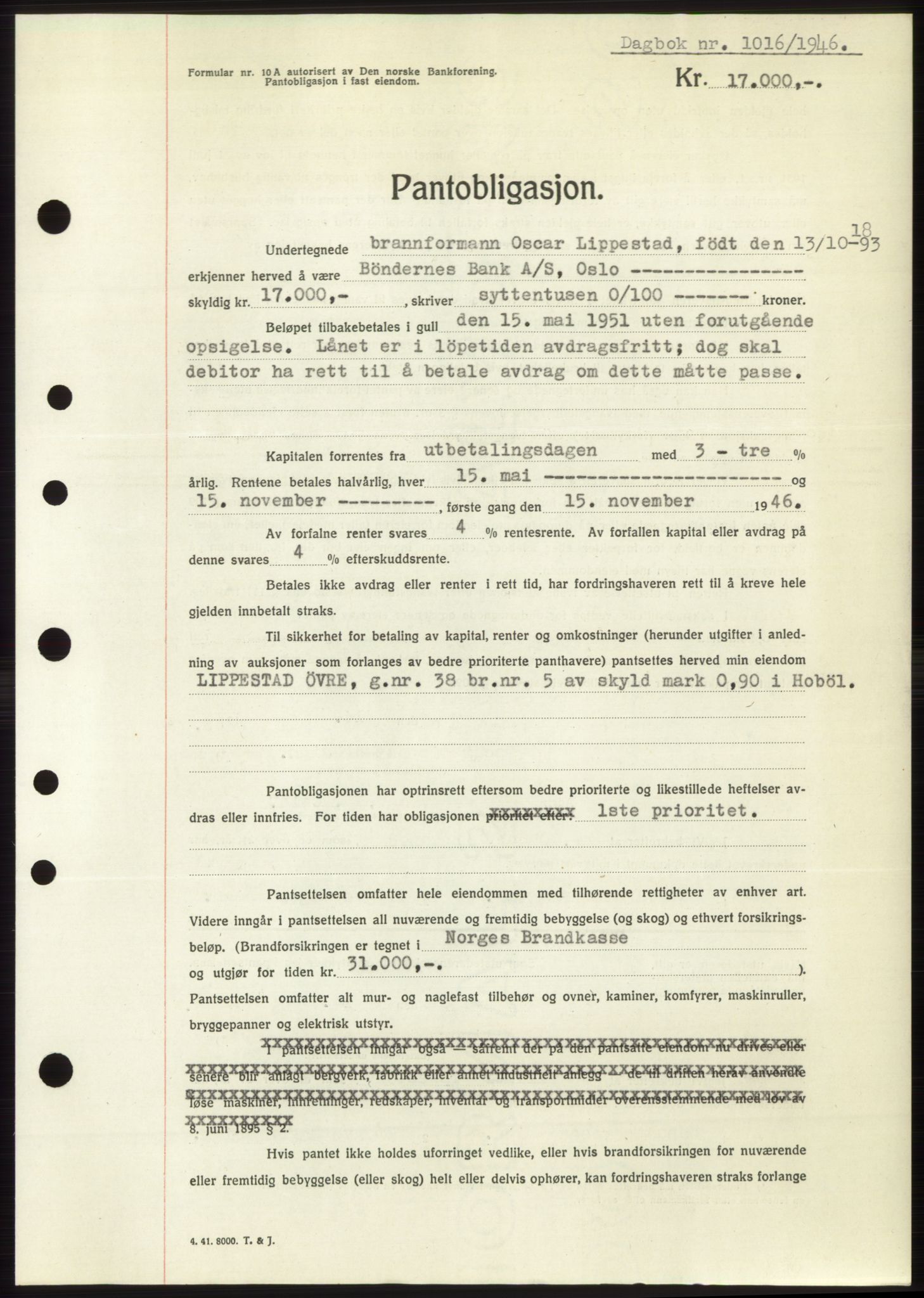 Moss sorenskriveri, SAO/A-10168: Pantebok nr. B15, 1946-1946, Dagboknr: 1016/1946