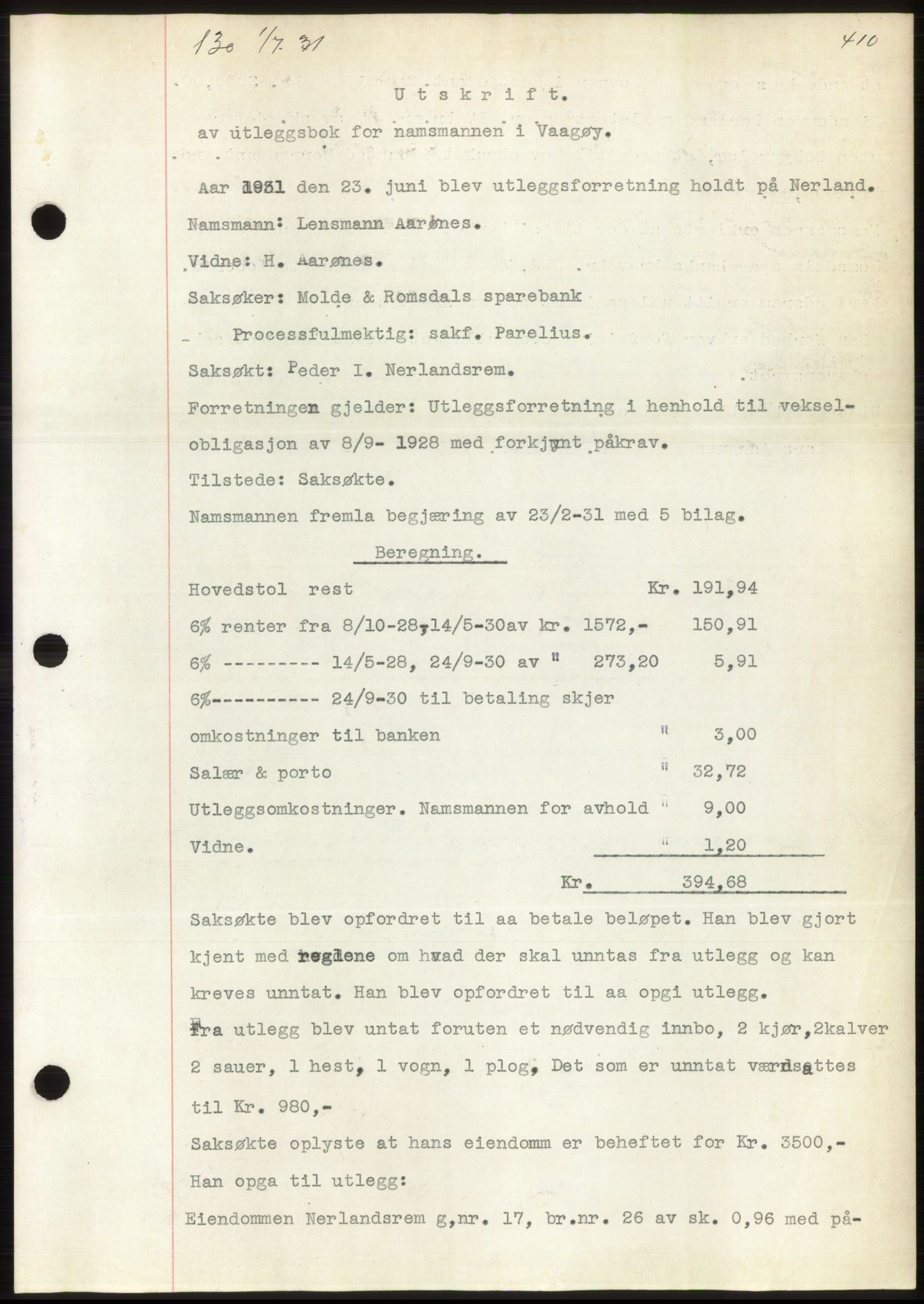 Romsdal sorenskriveri, AV/SAT-A-4149/1/2/2C/L0059: Pantebok nr. 53, 1931-1931, Tingl.dato: 01.07.1931