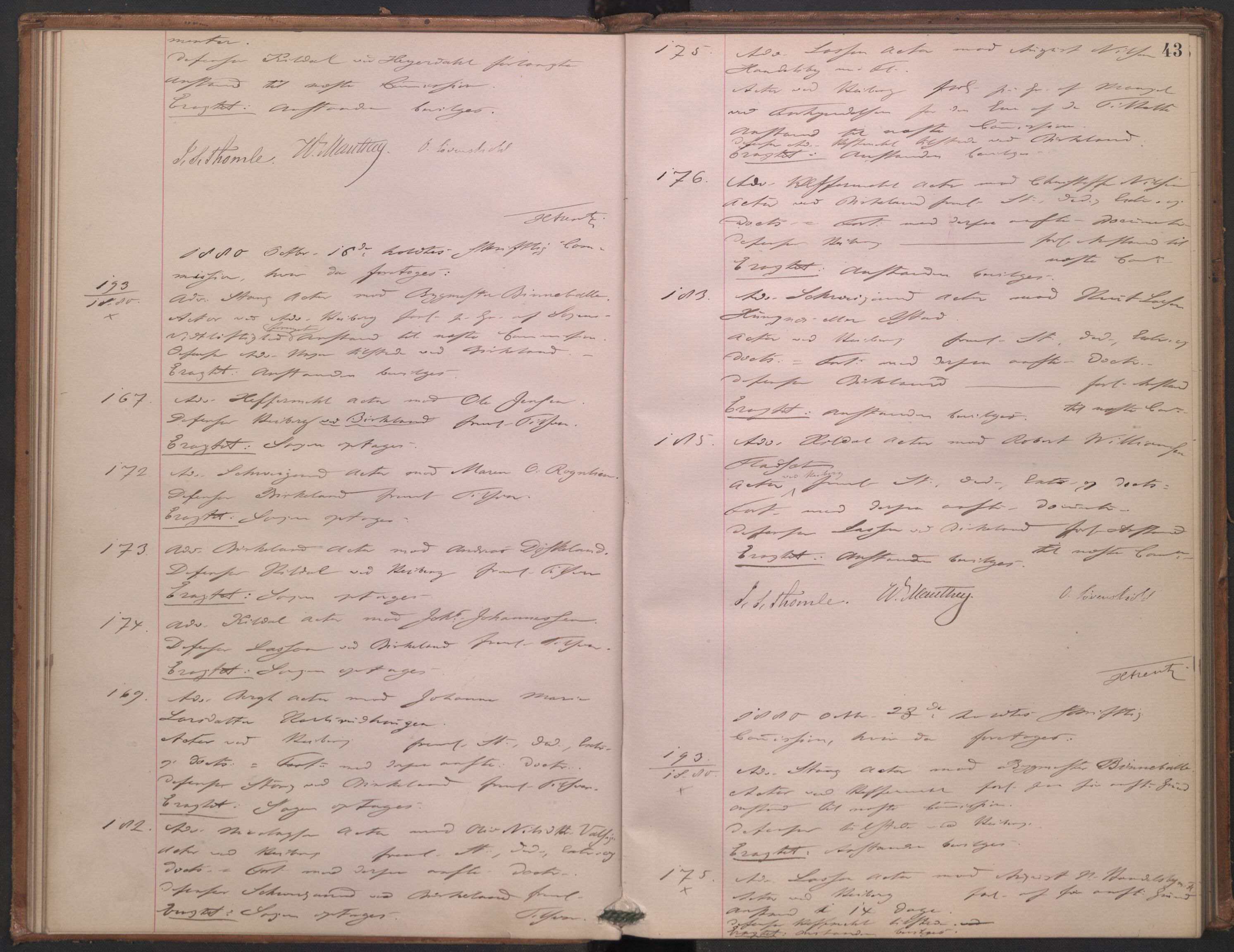 Høyesterett, AV/RA-S-1002/E/Ef/L0014: Protokoll over saker som gikk til skriftlig behandling, 1879-1884, s. 42b-43a