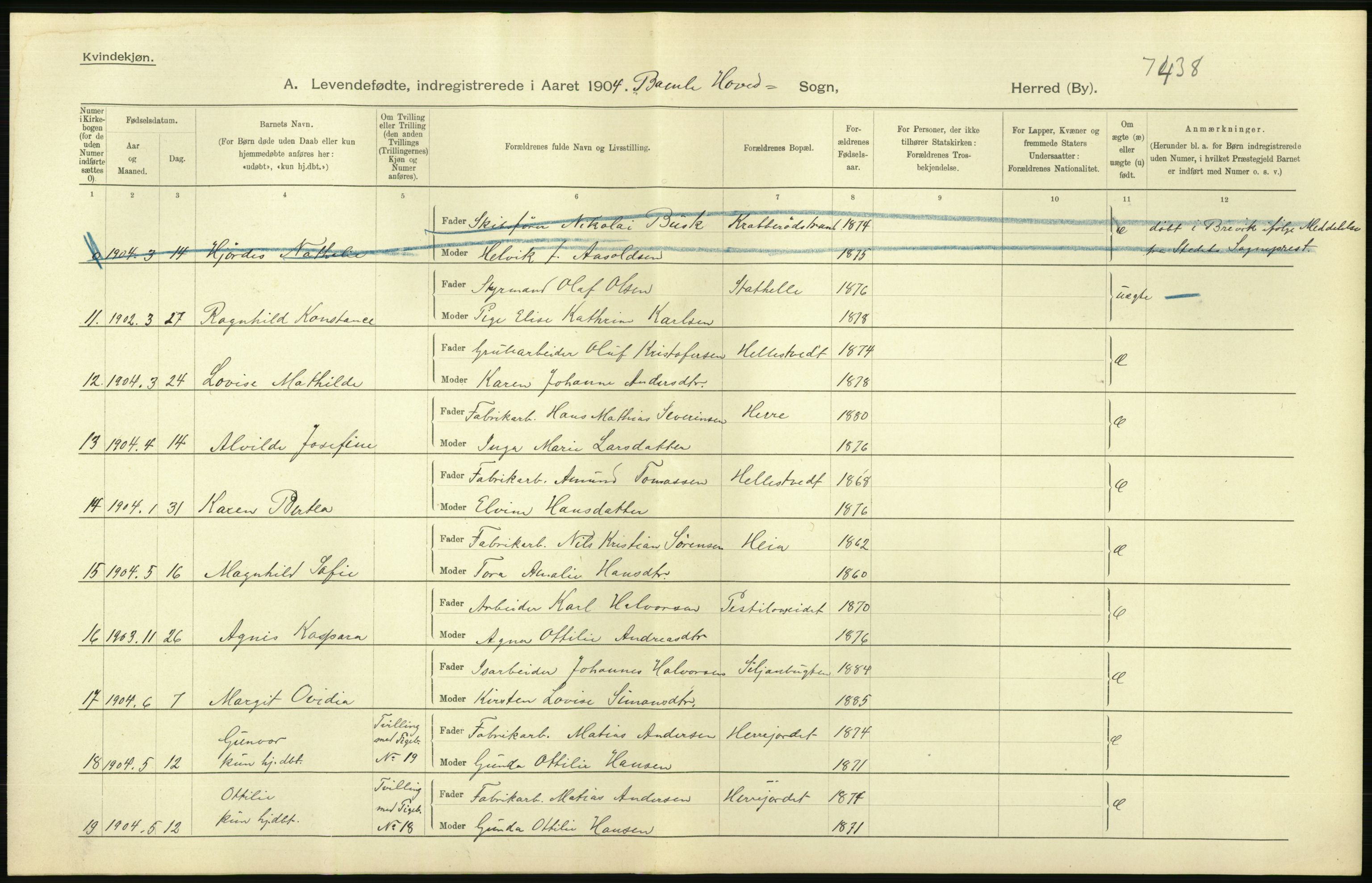 Statistisk sentralbyrå, Sosiodemografiske emner, Befolkning, AV/RA-S-2228/D/Df/Dfa/Dfab/L0009: Bratsberg amt: Fødte, gifte, døde, 1904, s. 46