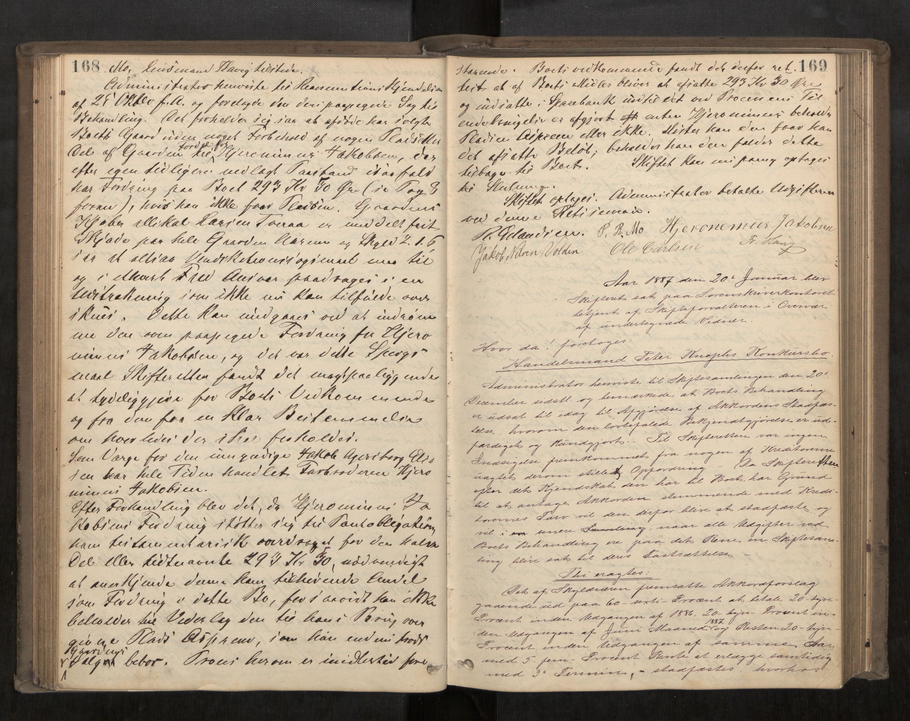 Søndre Helgeland sorenskriveri, AV/SAT-A-4575/1/3/3B/L0003: Skiftebehandlingsprotokoll, 1885-1889, s. 168-169