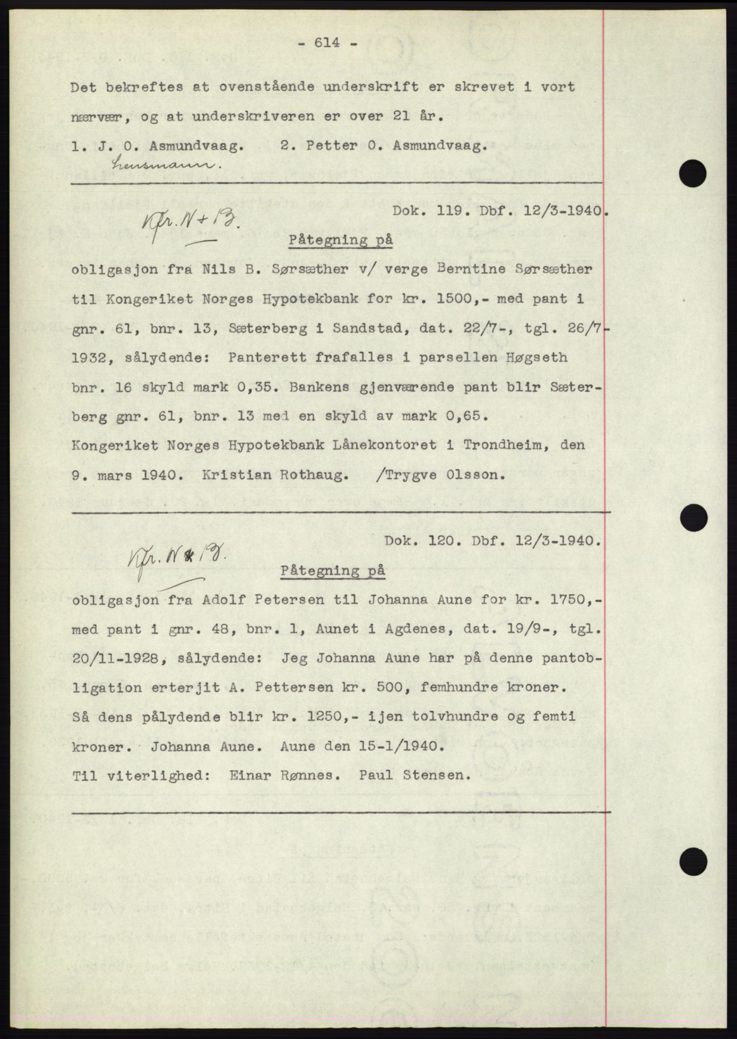 Hitra sorenskriveri, AV/SAT-A-0018/2/2C/2Ca: Pantebok nr. C1, 1936-1945, Dagboknr: 119/1940