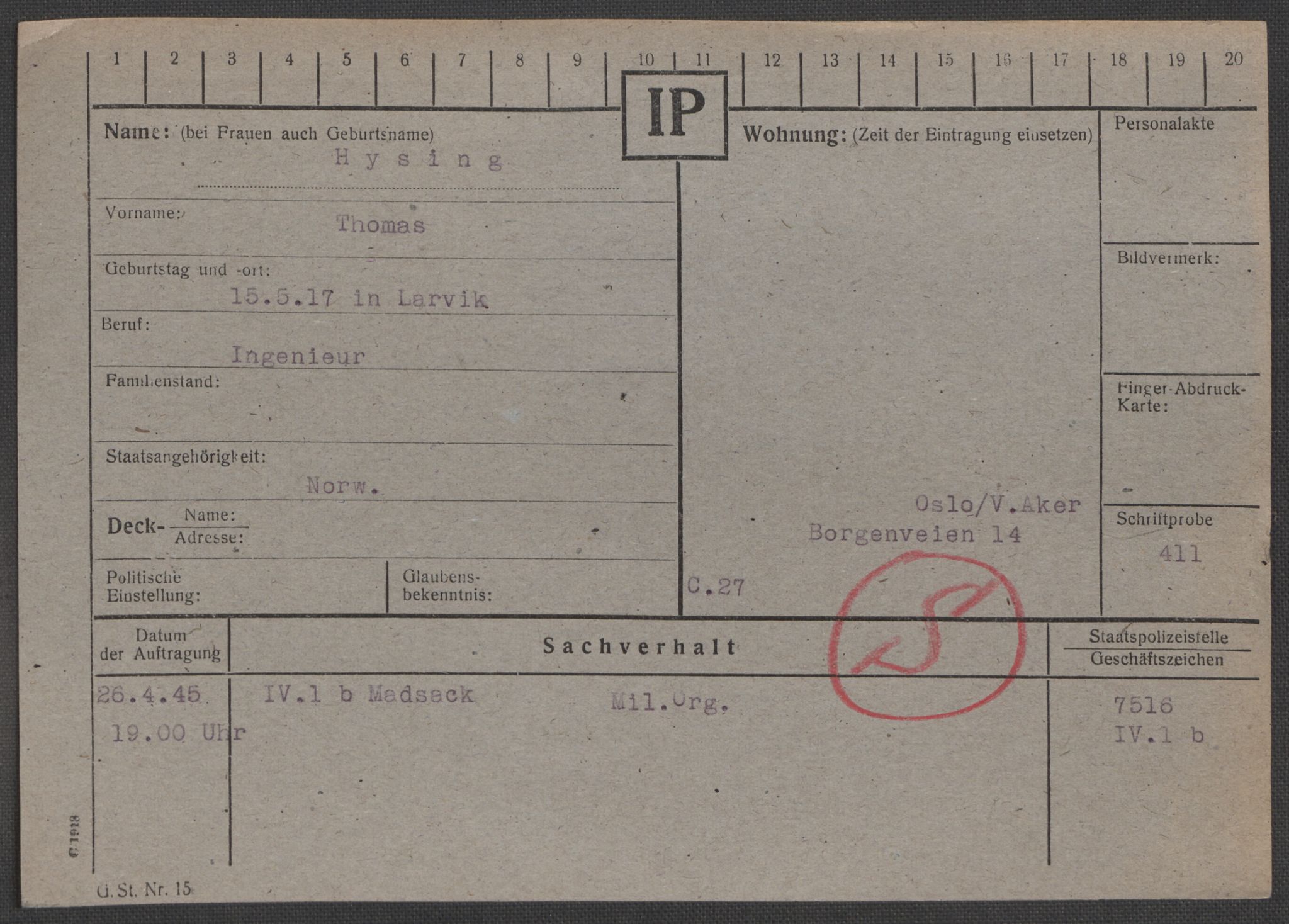 Befehlshaber der Sicherheitspolizei und des SD, AV/RA-RAFA-5969/E/Ea/Eaa/L0004: Register over norske fanger i Møllergata 19: Hal-Hæ, 1940-1945, s. 1477