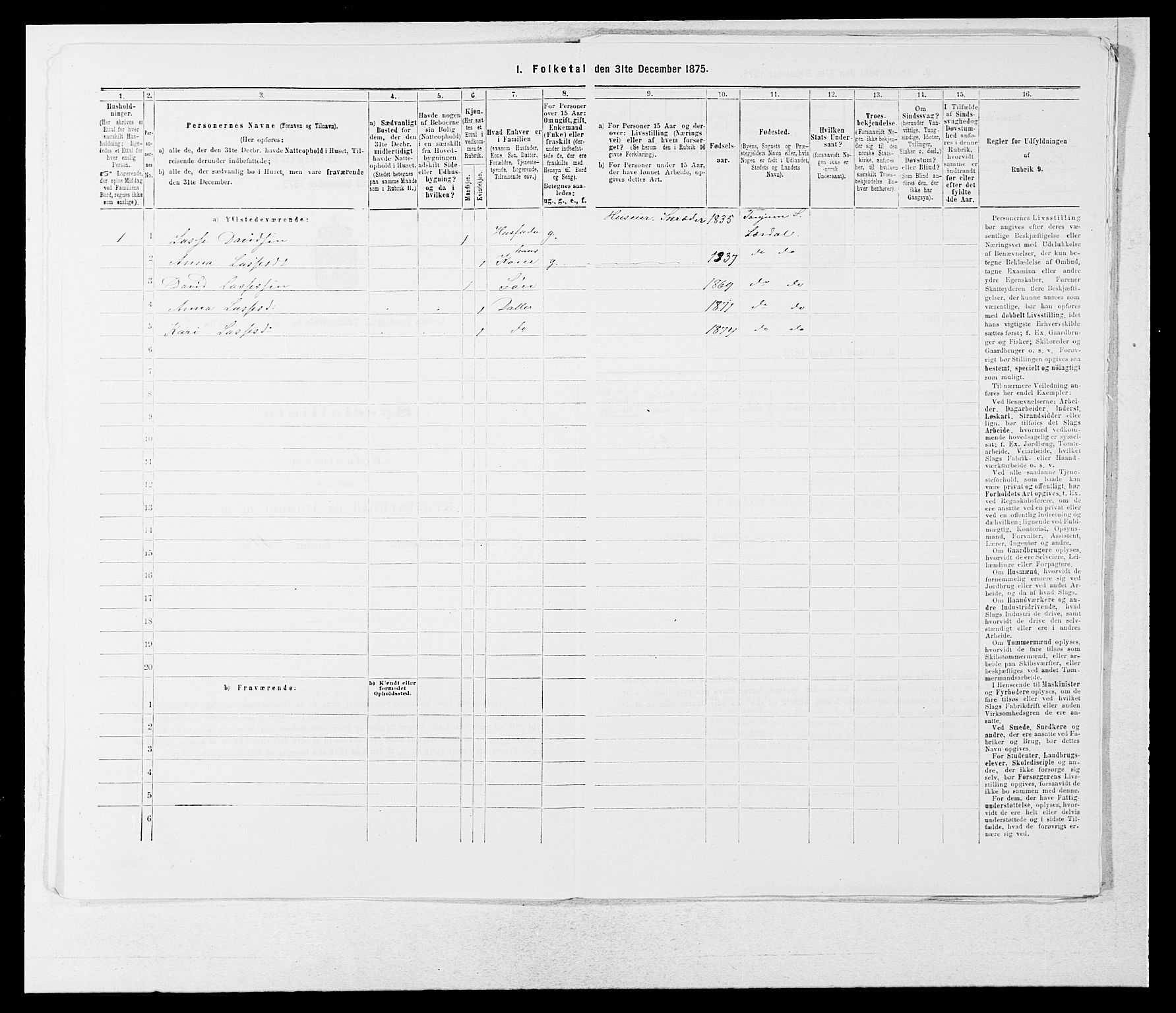 SAB, Folketelling 1875 for 1422P Lærdal prestegjeld, 1875, s. 650