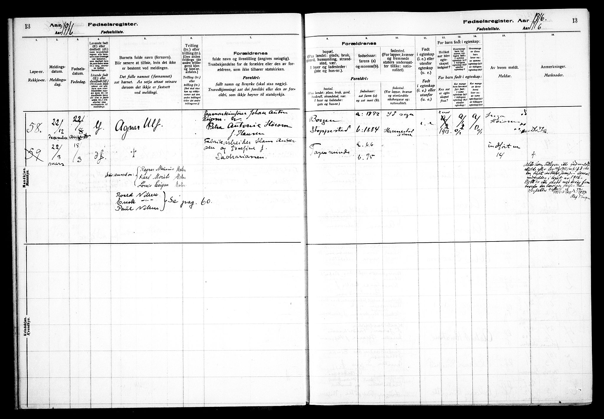 Skjeberg prestekontor Kirkebøker, SAO/A-10923/J/Jd/L0001: Fødselsregister nr. IV 1, 1916-1935, s. 13