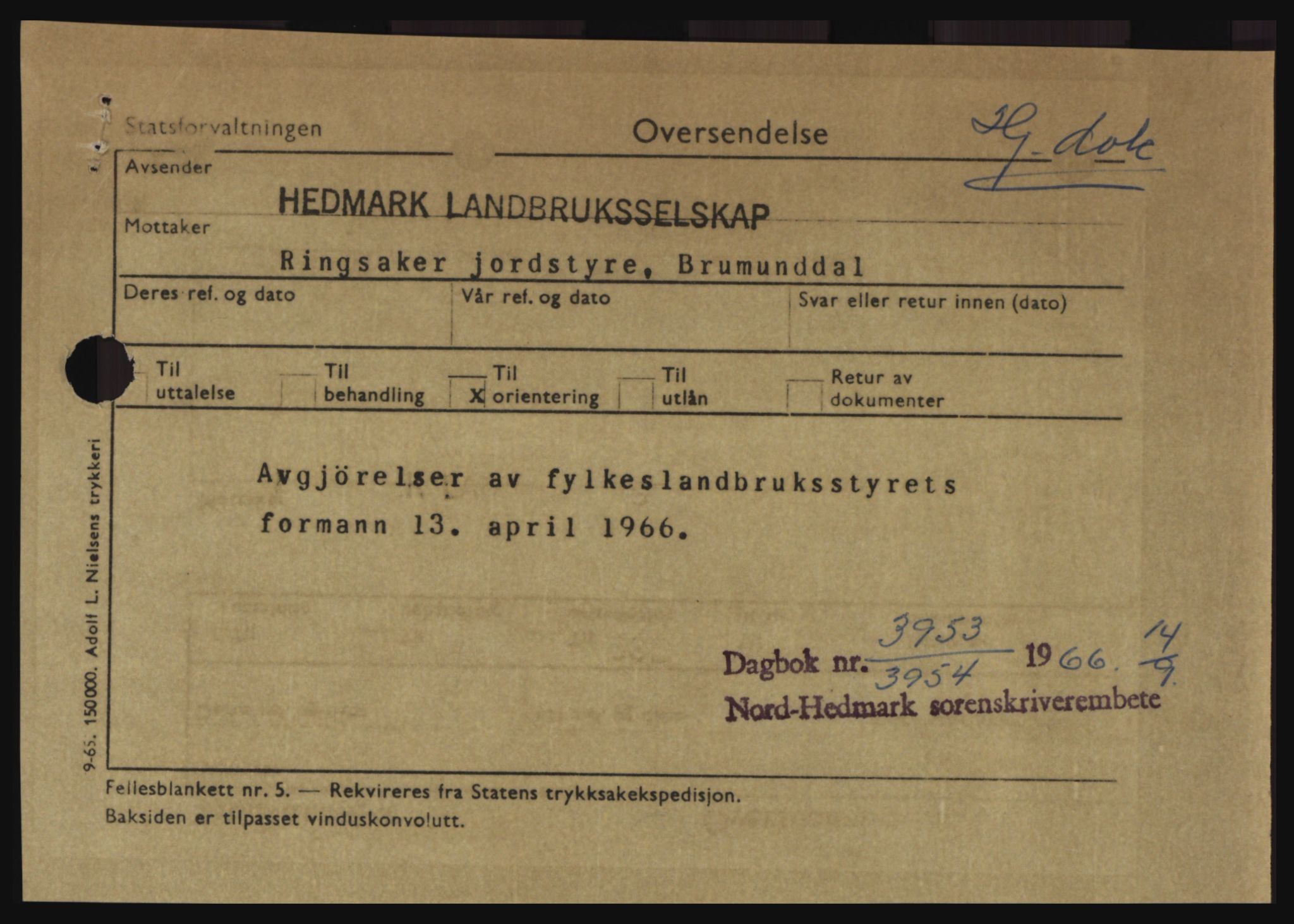 Nord-Hedmark sorenskriveri, SAH/TING-012/H/Hc/L0024: Pantebok nr. 24, 1966-1966, Dagboknr: 3953/1966