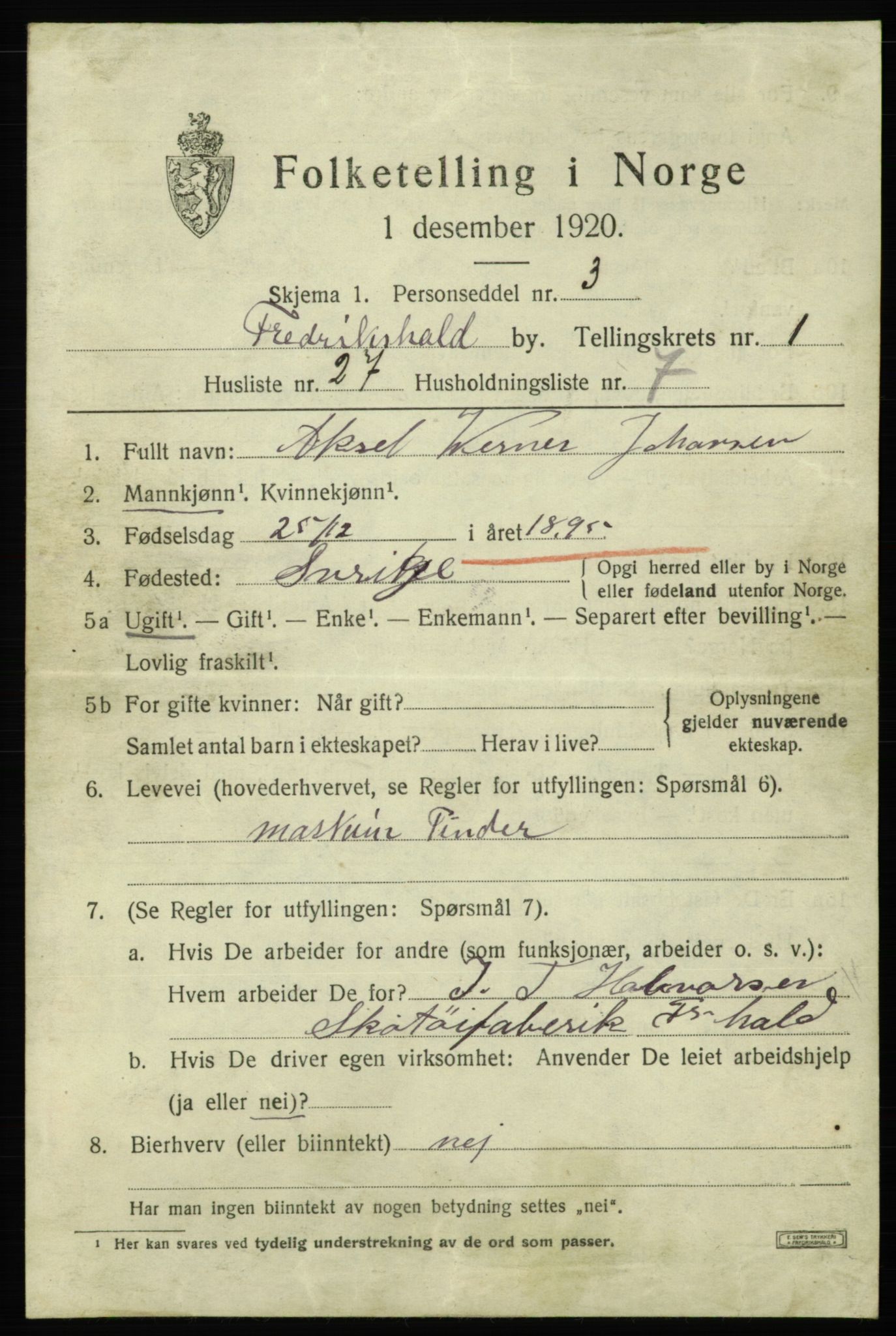 SAO, Folketelling 1920 for 0101 Fredrikshald kjøpstad, 1920, s. 8562