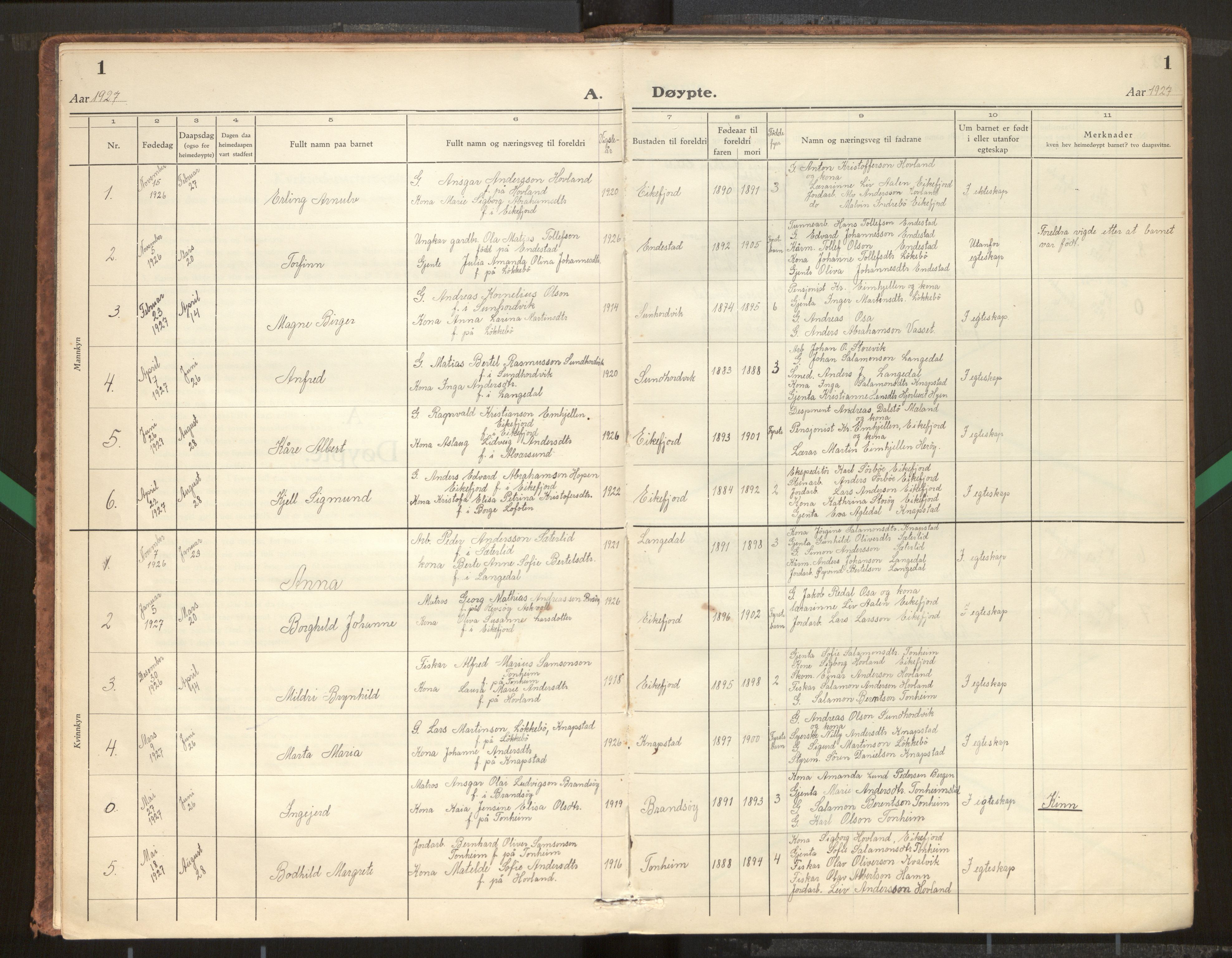 Kinn sokneprestembete, AV/SAB-A-80801/H/Hab/Habe/L0003: Klokkerbok nr. E 3, 1927-1960, s. 1