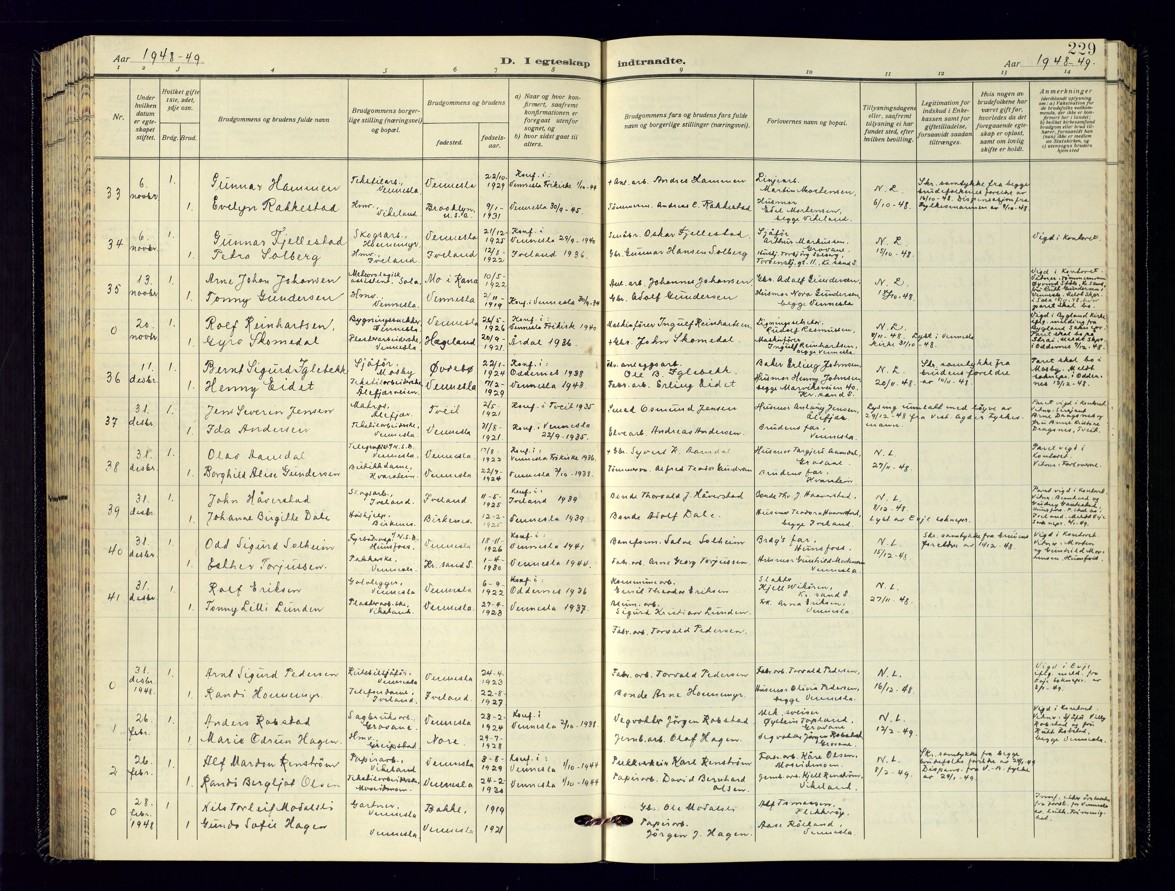 Vennesla sokneprestkontor, SAK/1111-0045/Fb/Fbb/L0009: Klokkerbok nr. B-9, 1948-1961, s. 229