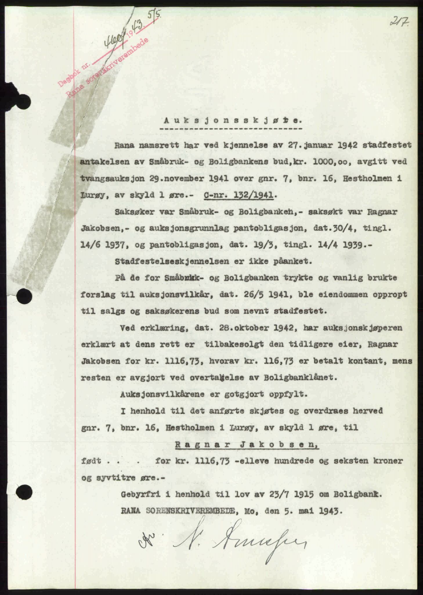 Rana sorenskriveri , SAT/A-1108/1/2/2C: Pantebok nr. A 10, 1942-1943, Dagboknr: 466/1943
