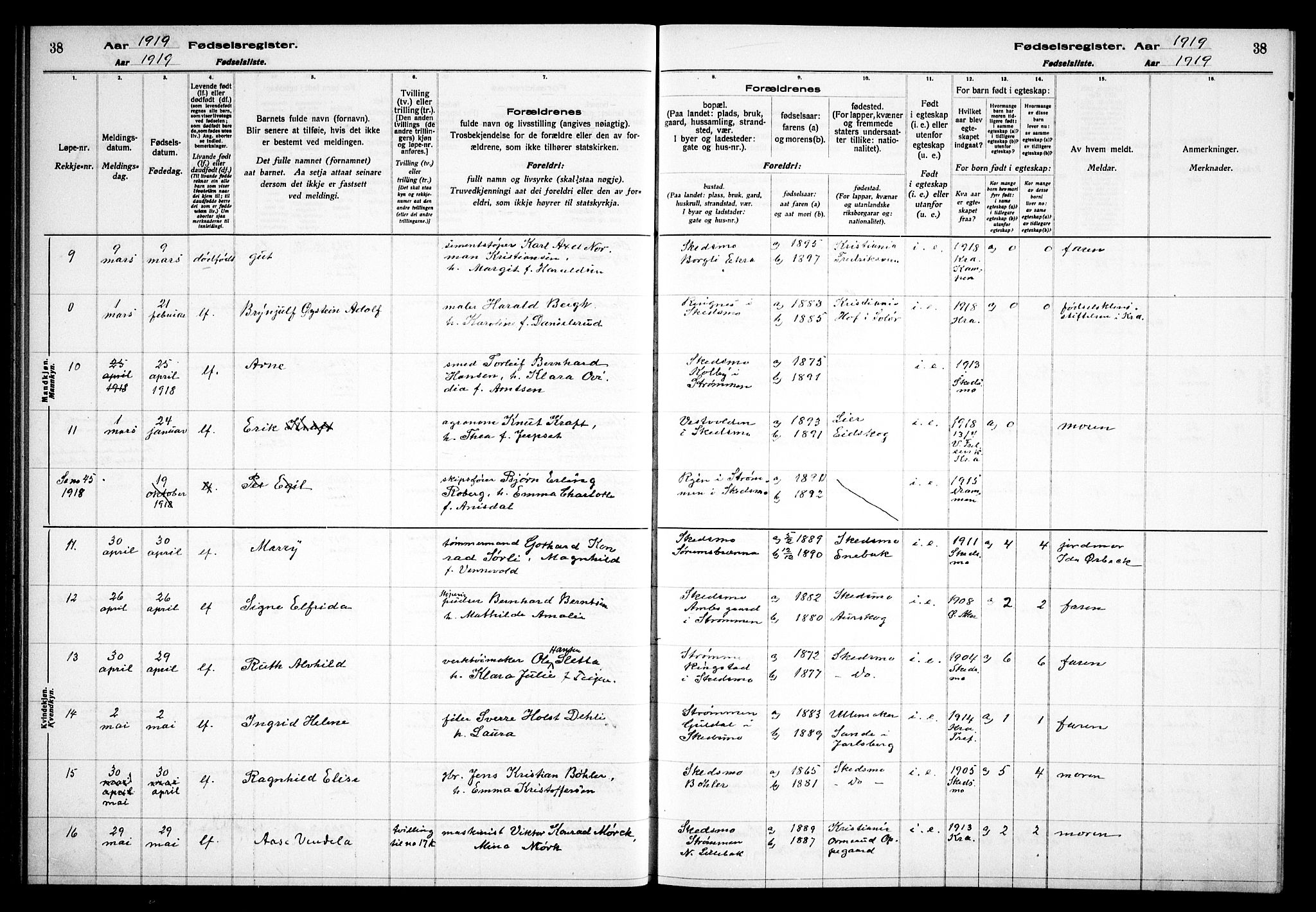 Skedsmo prestekontor Kirkebøker, AV/SAO-A-10033a/J/Ja/L0001: Fødselsregister nr. I 1, 1916-1931, s. 38