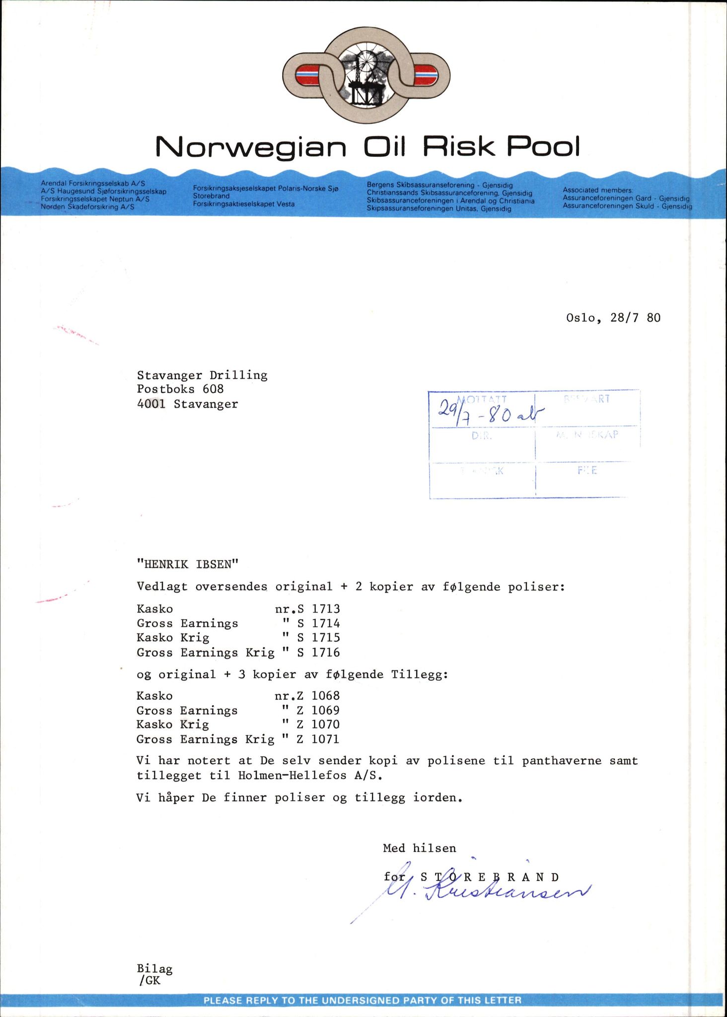 Pa 1503 - Stavanger Drilling AS, AV/SAST-A-101906/2/E/Ec/Eca/L0010: Forsikring, 1976-1983