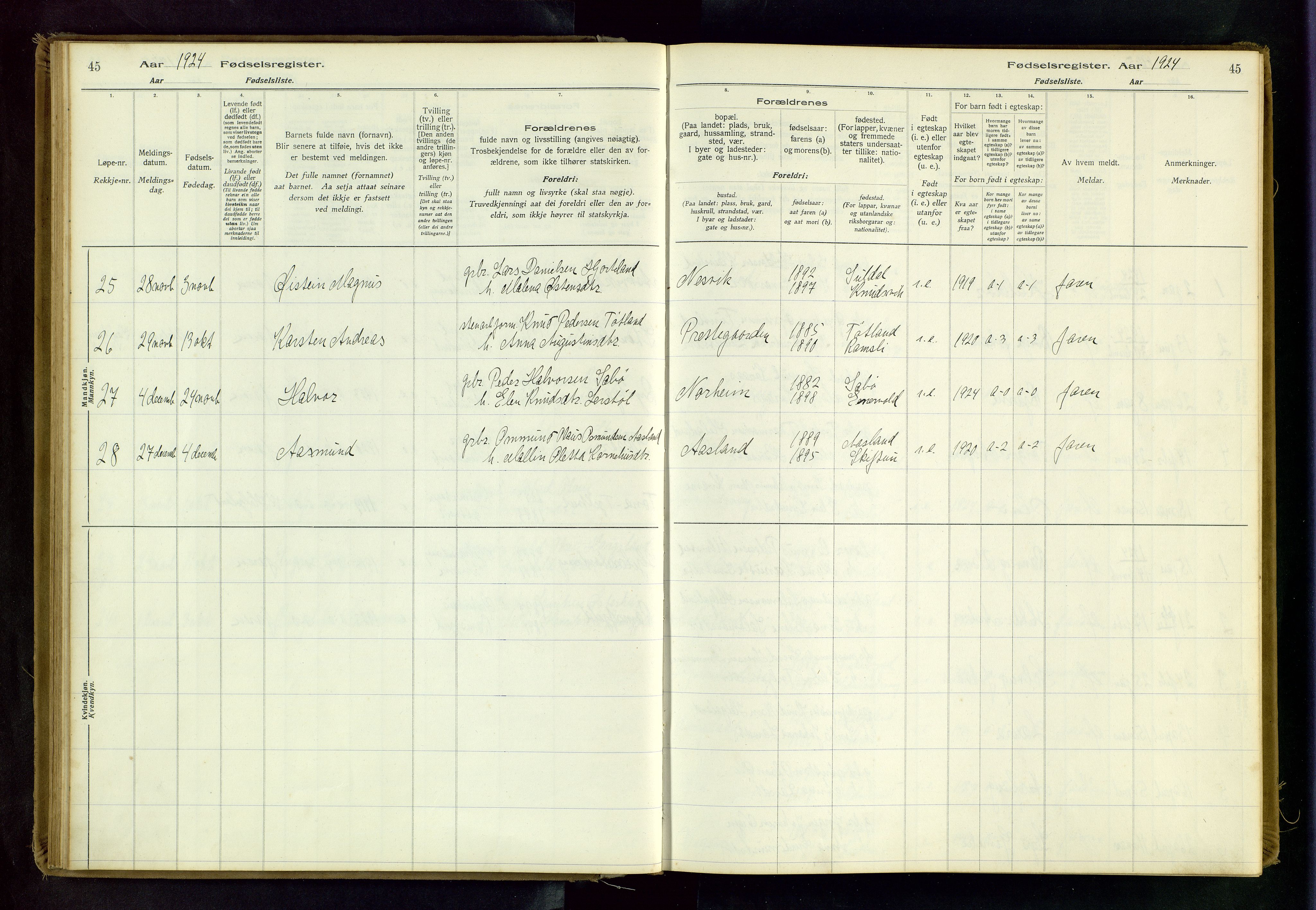 Hjelmeland sokneprestkontor, AV/SAST-A-101843/02/B/L0001: Fødselsregister nr. 1, 1916-1963, s. 45