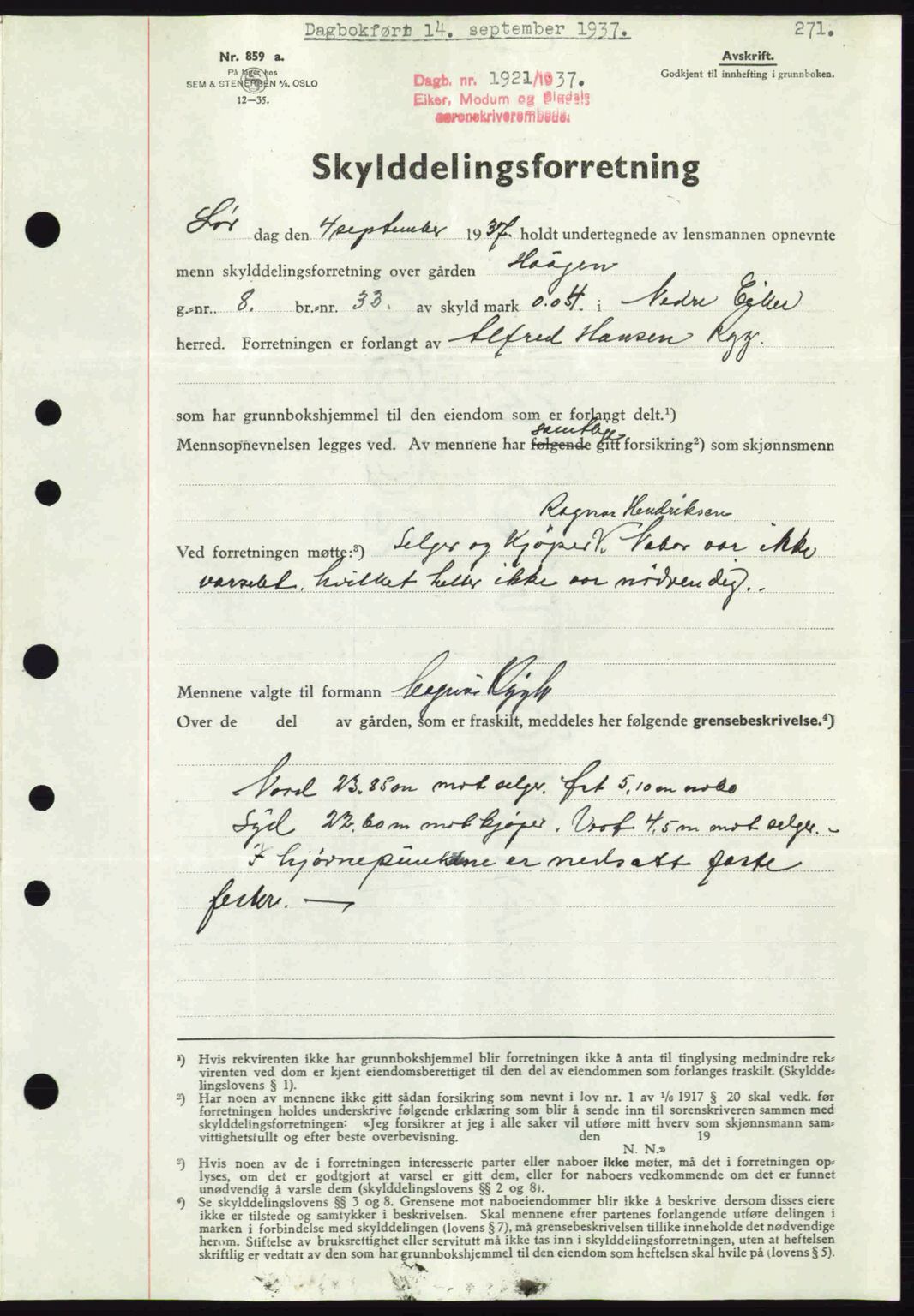 Eiker, Modum og Sigdal sorenskriveri, SAKO/A-123/G/Ga/Gab/L0036: Pantebok nr. A6, 1937-1937, Dagboknr: 1921/1937