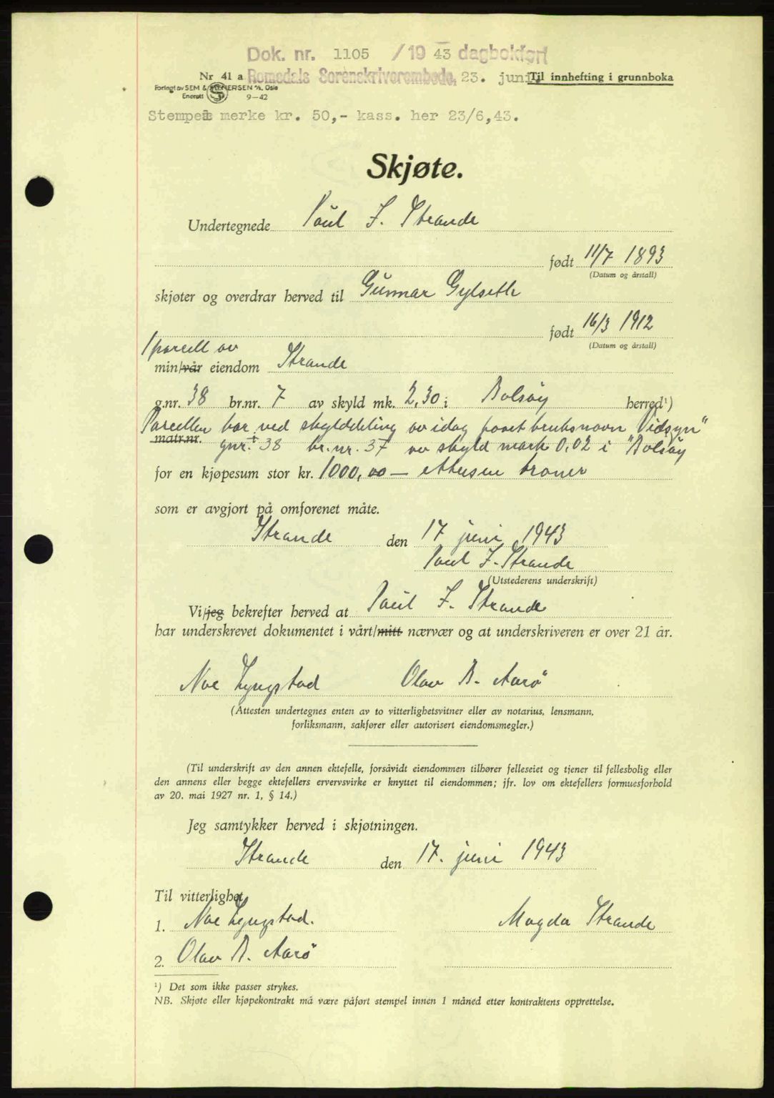 Romsdal sorenskriveri, AV/SAT-A-4149/1/2/2C: Pantebok nr. A14, 1943-1943, Dagboknr: 1105/1943