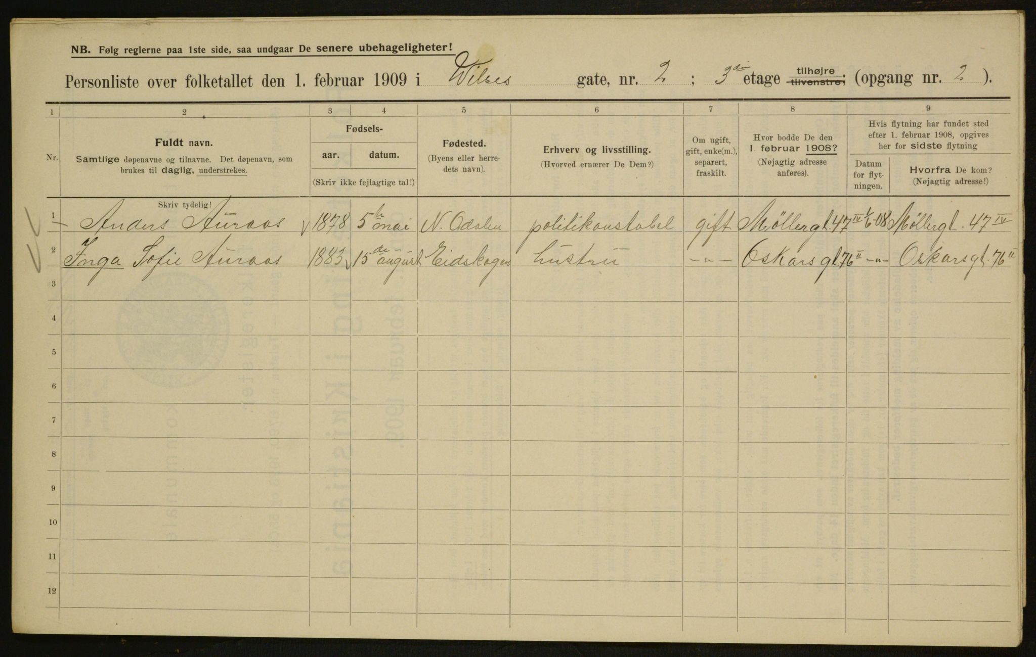 OBA, Kommunal folketelling 1.2.1909 for Kristiania kjøpstad, 1909, s. 116443