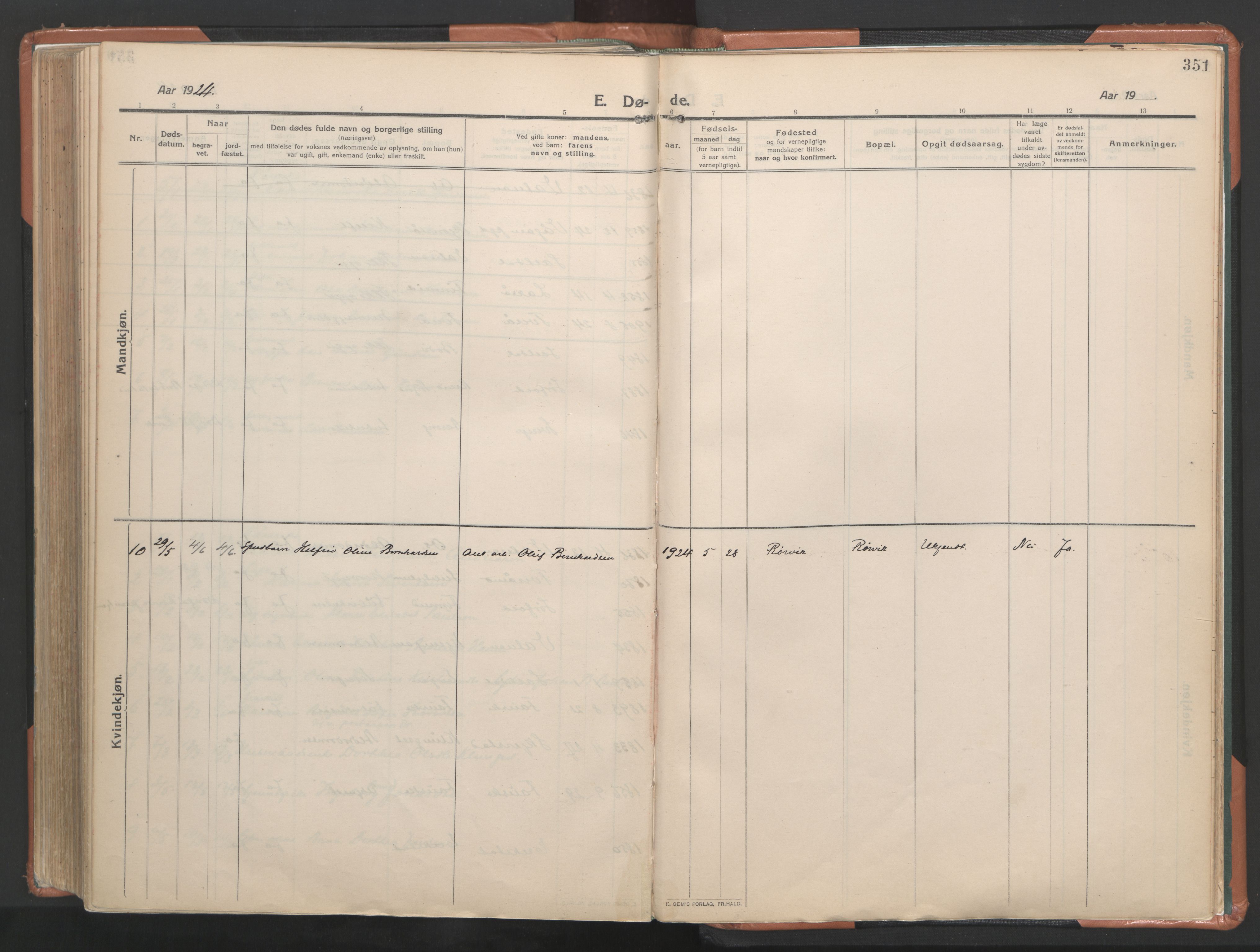 Ministerialprotokoller, klokkerbøker og fødselsregistre - Nordland, SAT/A-1459/849/L0698: Ministerialbok nr. 849A09, 1911-1924, s. 351