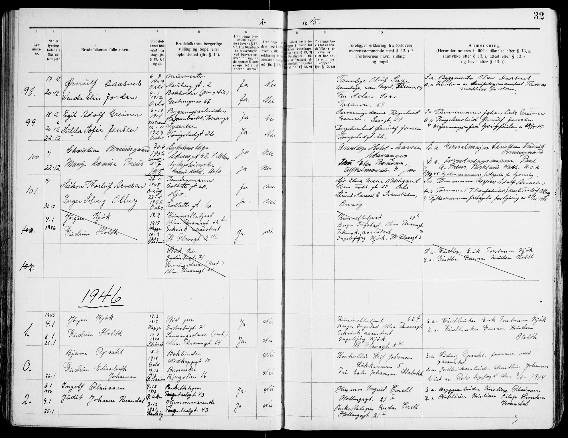 Gamle Aker prestekontor Kirkebøker, AV/SAO-A-10617a/H/L0010: Lysningsprotokoll nr. 10, 1941-1951, s. 32