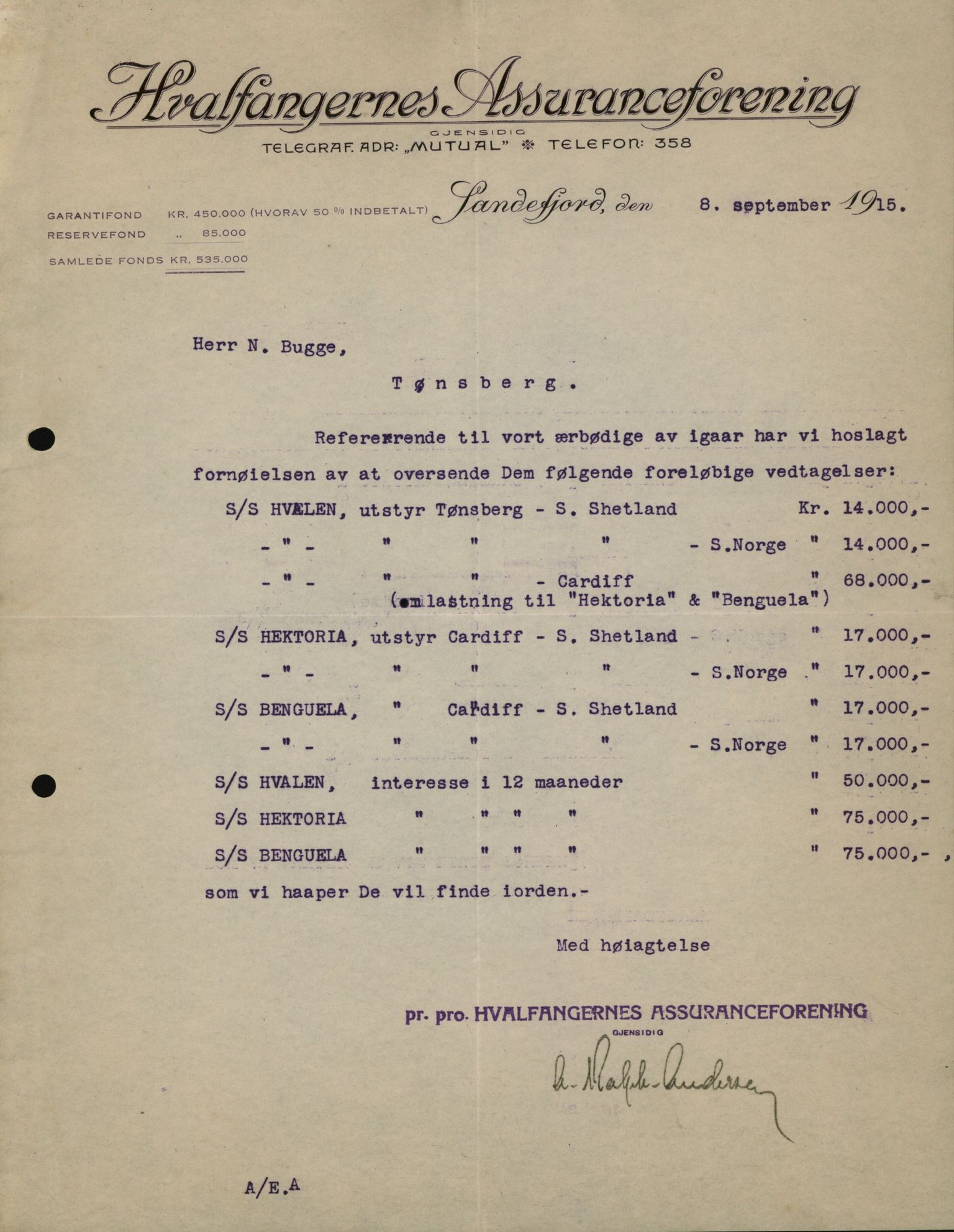 Pa 664 - Tønsberg Sjøforsikringsselskap, VEMU/A-1773/D/Da/L0001: Mai - November
Oscar Aalborg, 1915