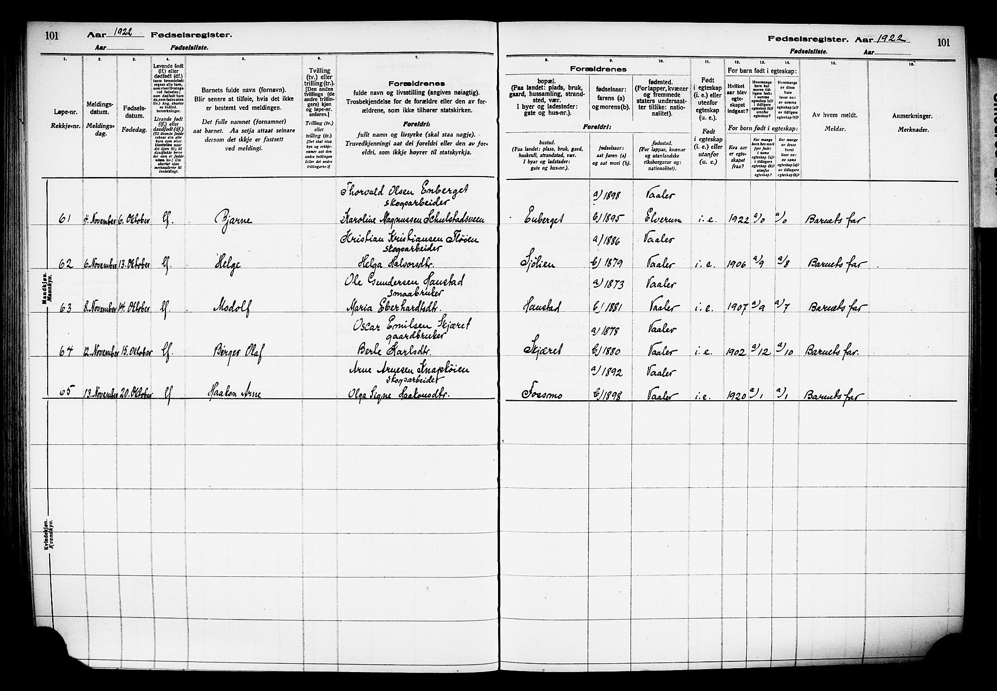 Våler prestekontor, Hedmark, AV/SAH-PREST-040/I/Id/L0001: Fødselsregister nr. 1, 1916-1930, s. 101