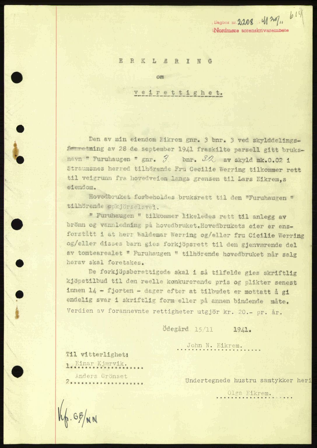 Nordmøre sorenskriveri, SAT/A-4132/1/2/2Ca: Pantebok nr. B88, 1941-1942, Dagboknr: 2208/1941