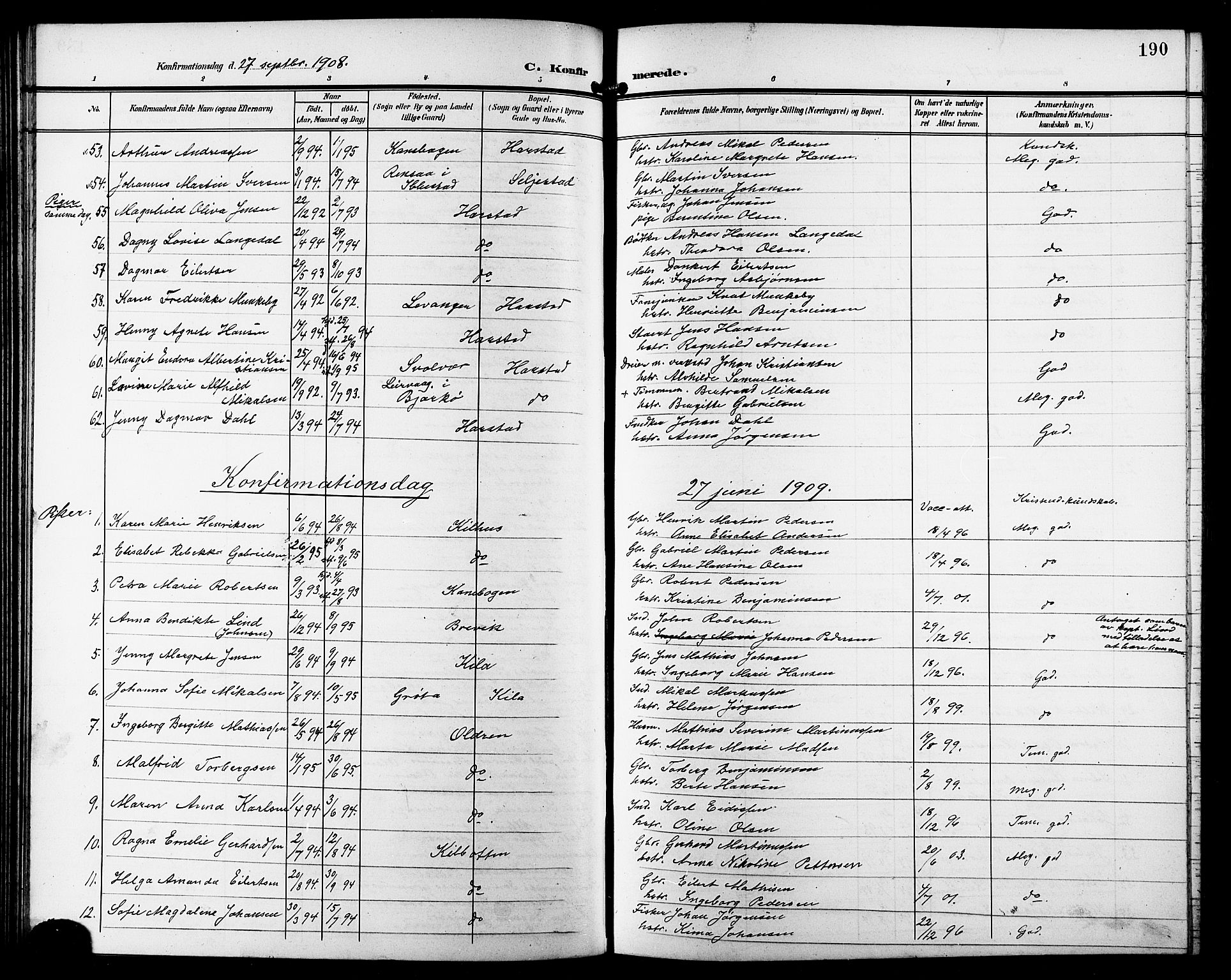 Trondenes sokneprestkontor, AV/SATØ-S-1319/H/Hb/L0012klokker: Klokkerbok nr. 12, 1907-1916, s. 190