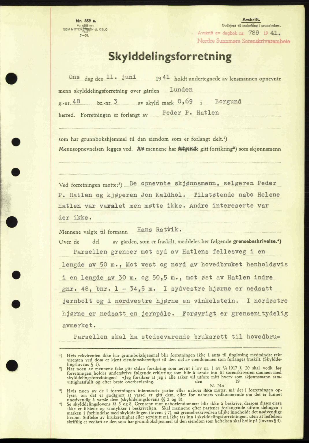 Nordre Sunnmøre sorenskriveri, SAT/A-0006/1/2/2C/2Ca: Pantebok nr. A11, 1941-1941, Dagboknr: 789/1941