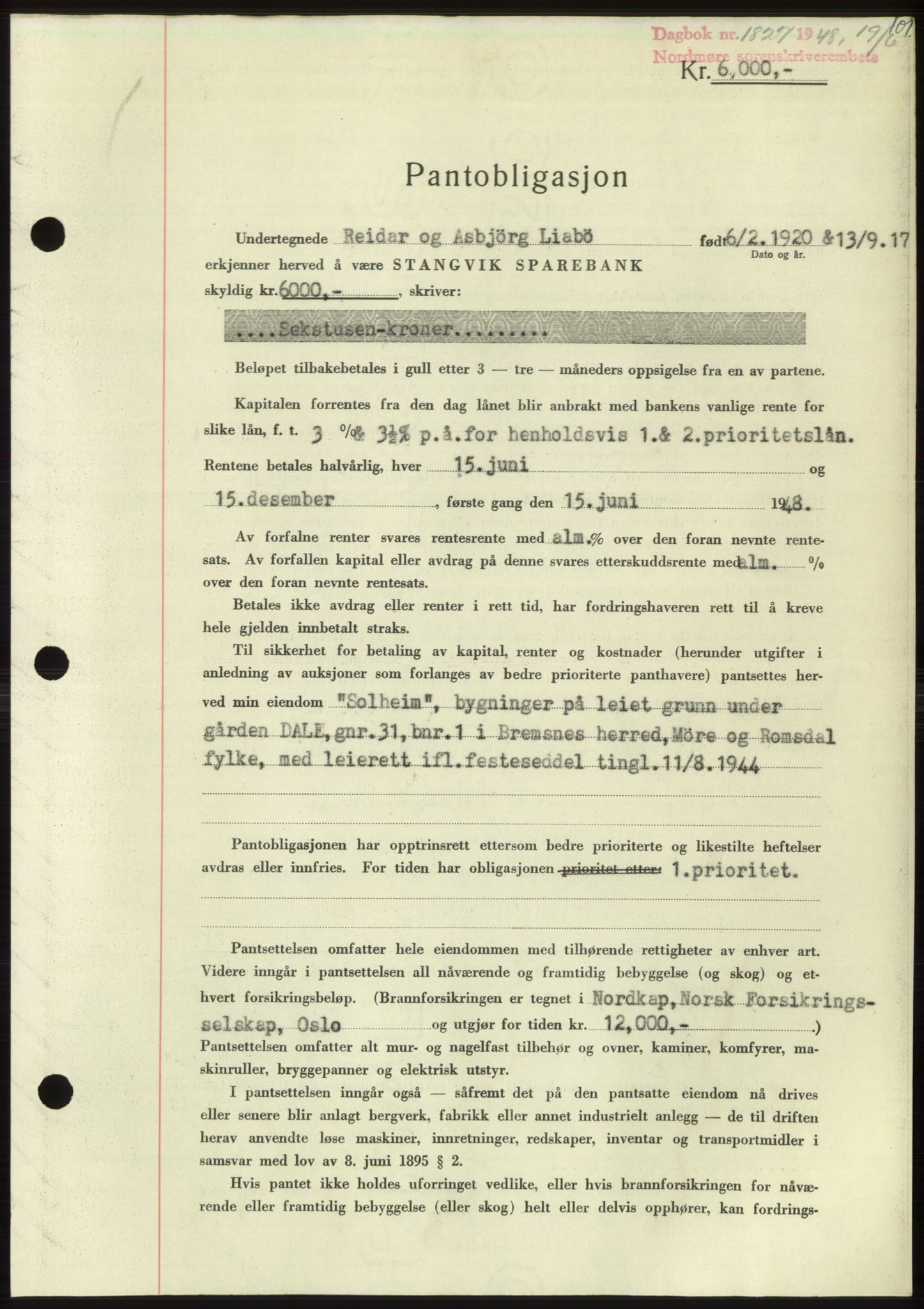 Nordmøre sorenskriveri, SAT/A-4132/1/2/2Ca: Pantebok nr. B99, 1948-1948, Dagboknr: 1827/1948
