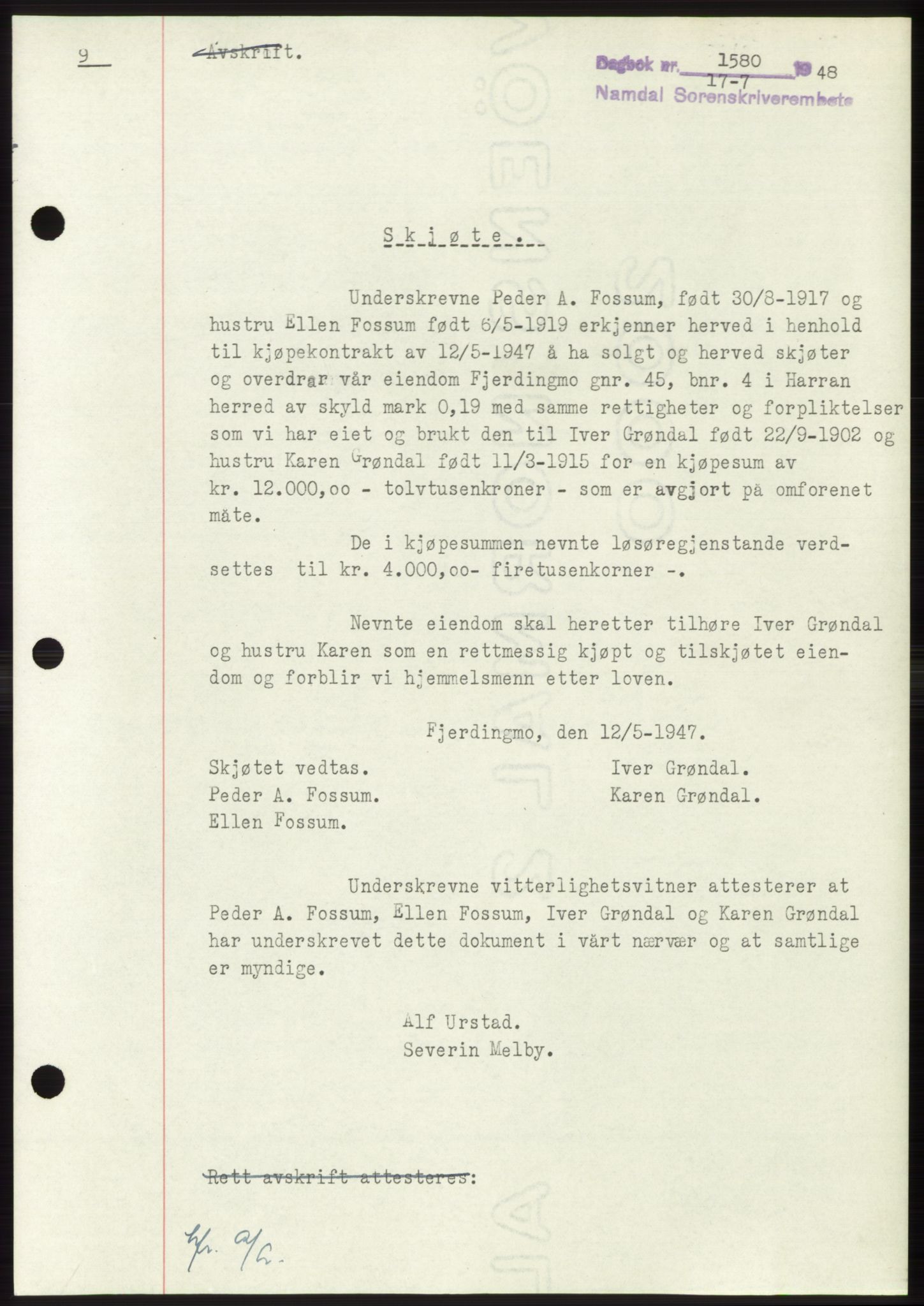 Namdal sorenskriveri, SAT/A-4133/1/2/2C: Pantebok nr. -, 1948-1948, Dagboknr: 1580/1948