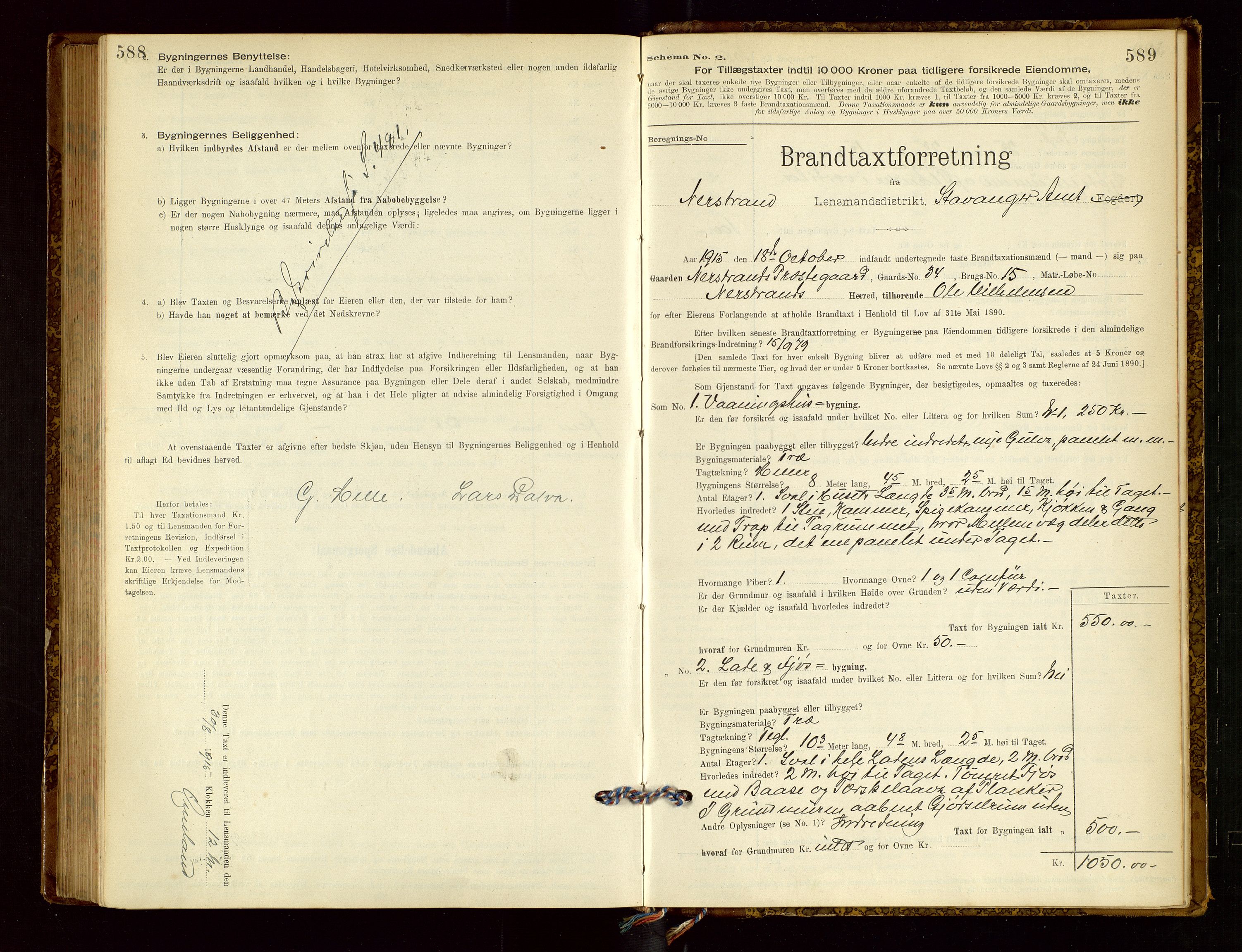 Nedstrand lensmannskontor, AV/SAST-A-100236/Gob/L0001: "Brandtaxationsprotokol for Nerstrand Lensmandsdistrikt Ryfylke fogderi", 1895-1915, s. 588-589