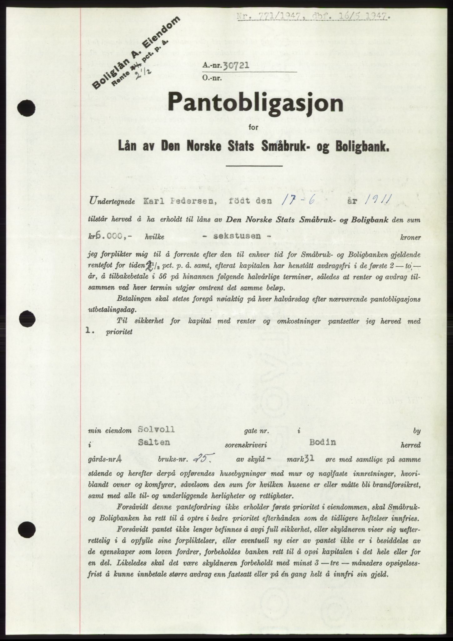 Salten sorenskriveri, AV/SAT-A-4578/1/2/2C: Pantebok nr. B11-12, 1947-1947, Dagboknr: 771/1947