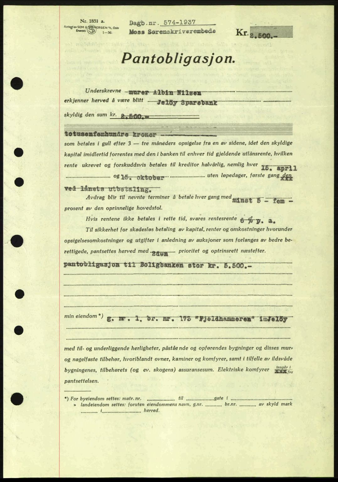 Moss sorenskriveri, SAO/A-10168: Pantebok nr. B3, 1937-1937, Dagboknr: 574/1937