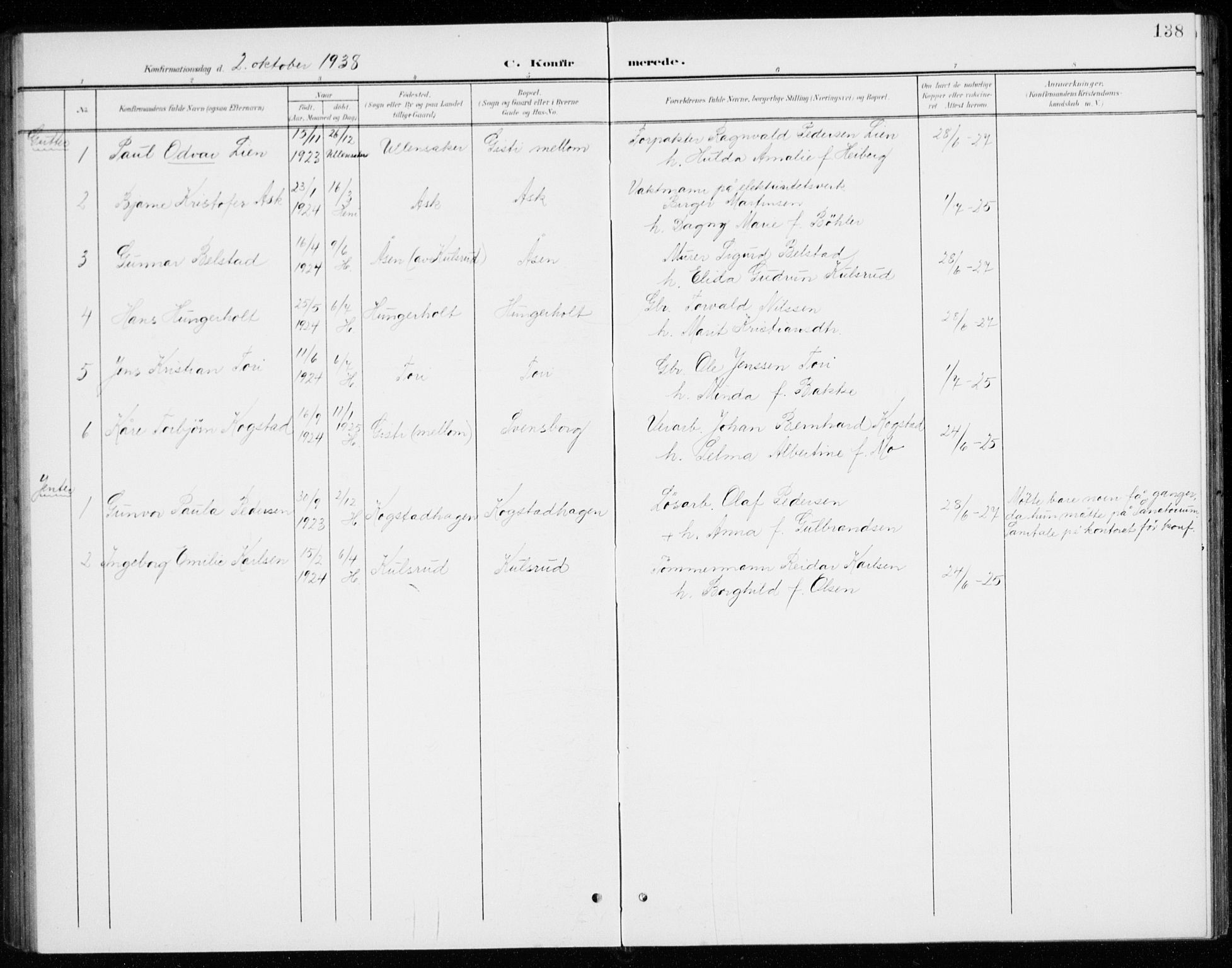 Gjerdrum prestekontor Kirkebøker, AV/SAO-A-10412b/G/Gb/L0001: Klokkerbok nr. II 1, 1901-1944, s. 138