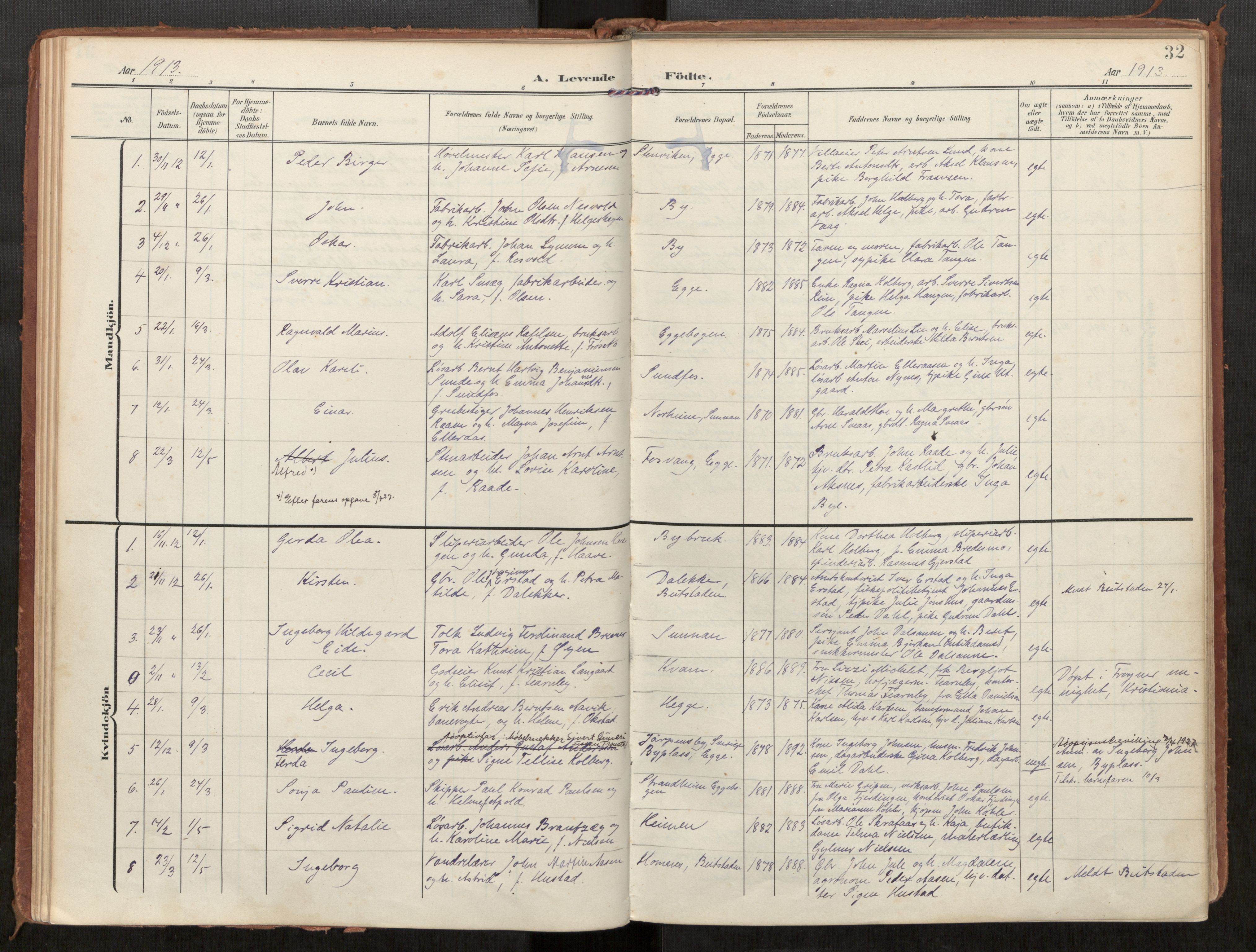 Steinkjer sokneprestkontor, AV/SAT-A-1541/01/H/Ha/Haa/L0002: Ministerialbok nr. 2, 1907-1917, s. 32